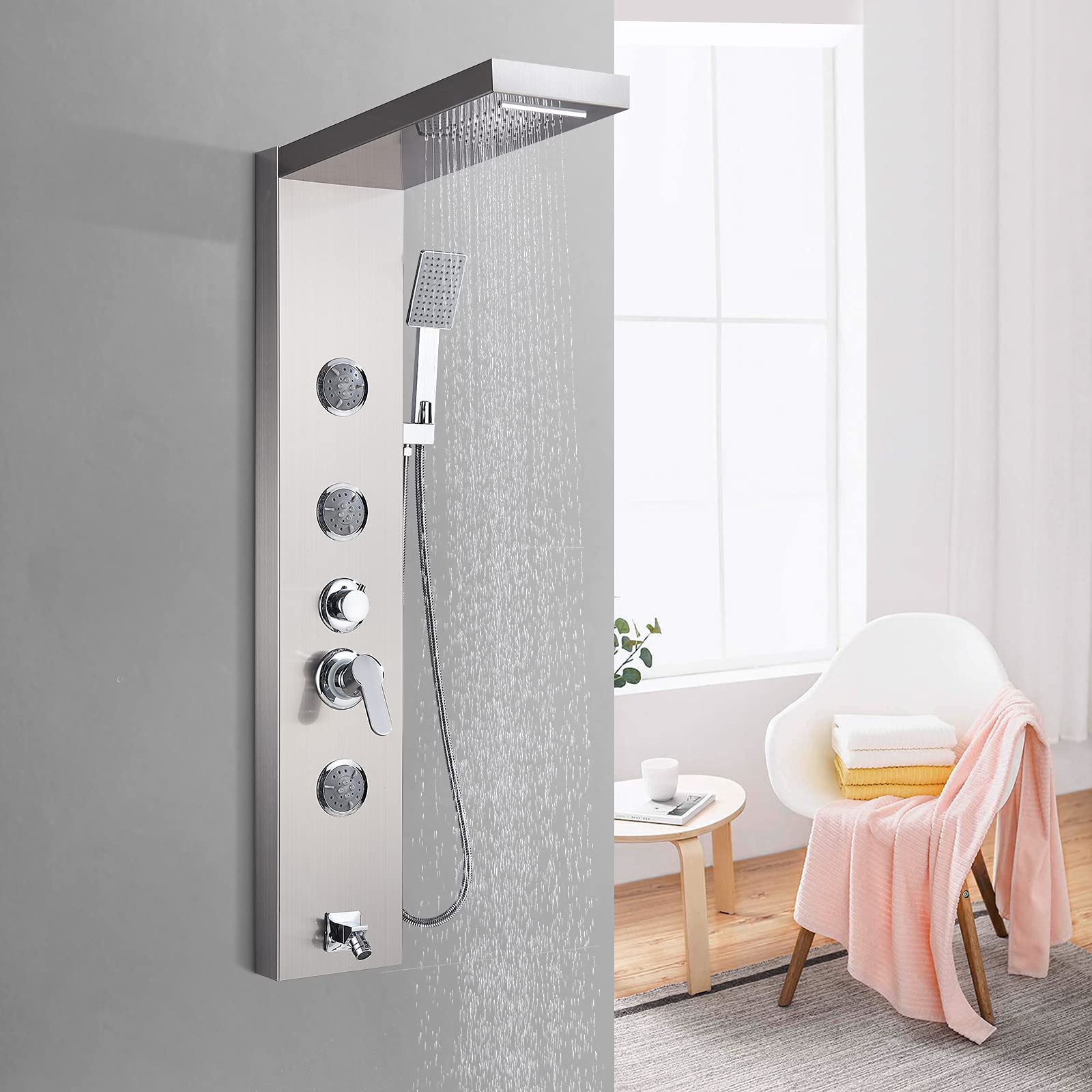 Multi-Function Shower Panel Tower System - Wall Mounted Rainfall Waterfall Shower Column with Massage Jets & Handheld Shower Head in Brushed Nickel | Perfect for Luxury Bathroom, Spa-Like Experience & Modern Home Upgrade
