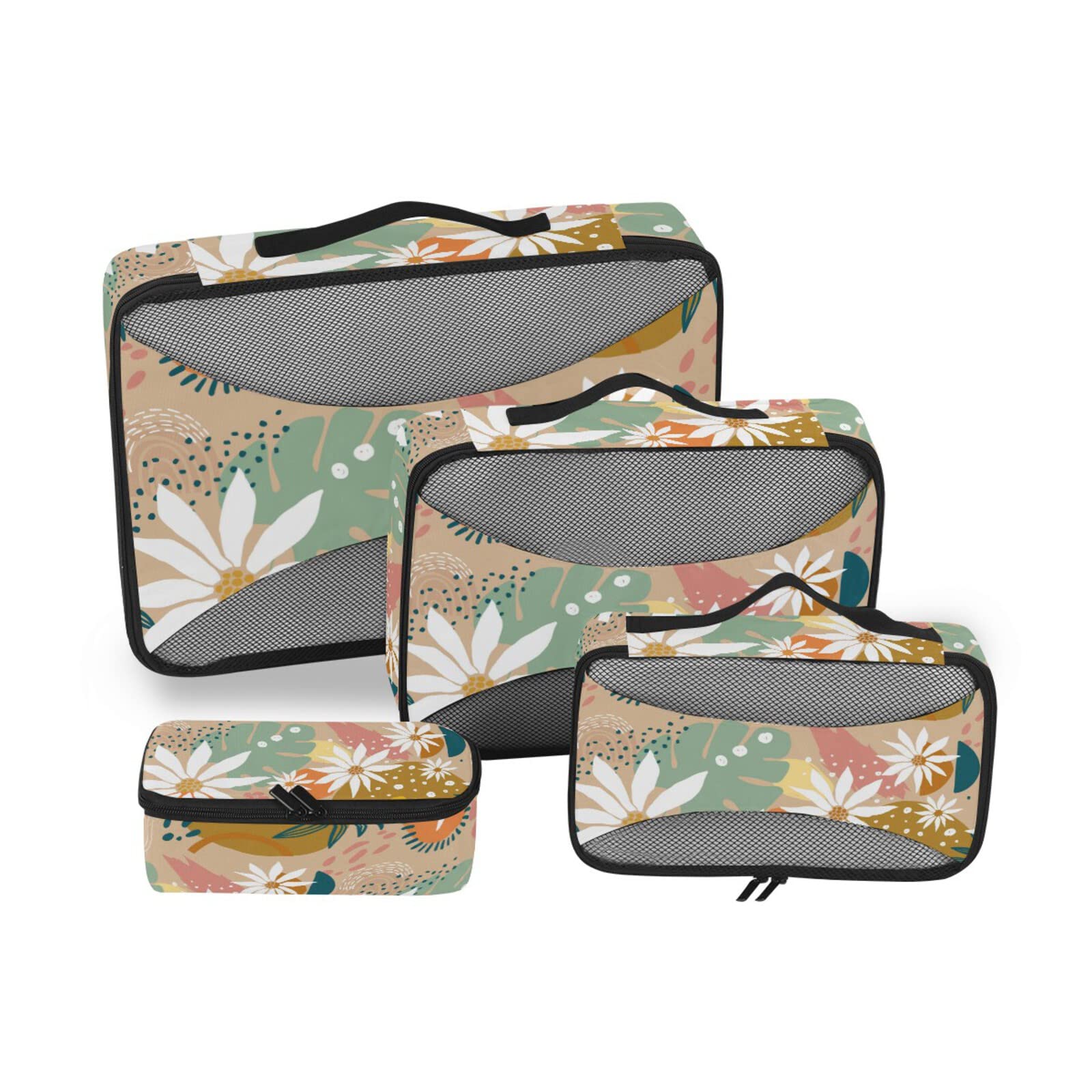 4-Pack Illustrated Plant Design Packing Cubes - Travel Suitcase Organizers for Clothes Compression & Storage | Lightweight Space-Saving Luggage Accessories for Vacation, Business Trips & Weekend Getaways