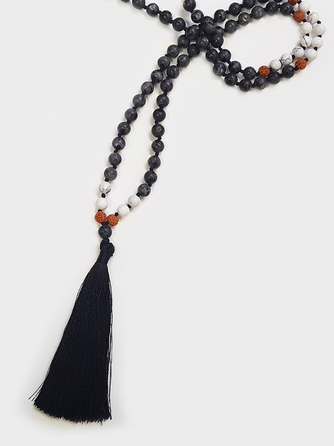 Authentic Labradorite Howlite & Rudraksha Mala Beads for Yoga, Meditation & Spiritual Healing - Handmade Prayer Necklace for Stress Relief & Positive Energy