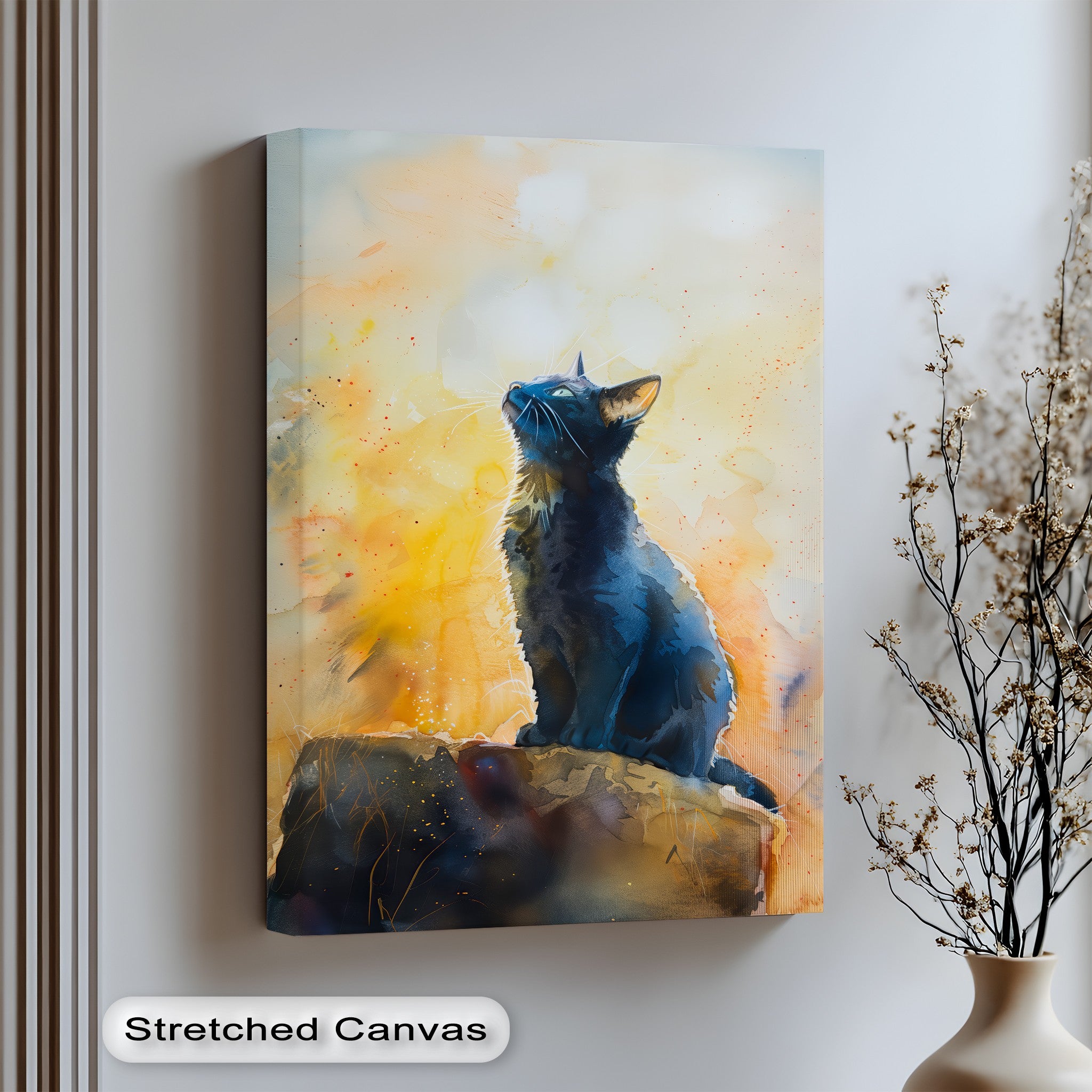 Black Cat in Golden Light Watercolor Painting - Premium Cat Canvas Wall Art for Living Room, Bedroom Decor & Gift