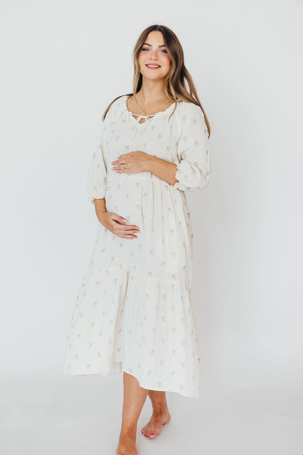 Avery Tiered Linen Blend Midi Dress in Soy/Sage Foliage - Bump Friendly Maternity Dress with Inclusive Sizing for Women - Perfect for Summer Weddings, Beach Vacations & Brunch Dates
