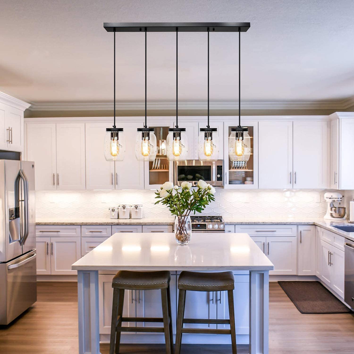 5-Lights Mason Jar Pendant Lighting - Farmhouse Glass Jar Ceiling Light Fixture for Kitchen Island, Dining Room, Farmhouse Decor - Perfect for Barn, Hallway & Stairway Lighting
