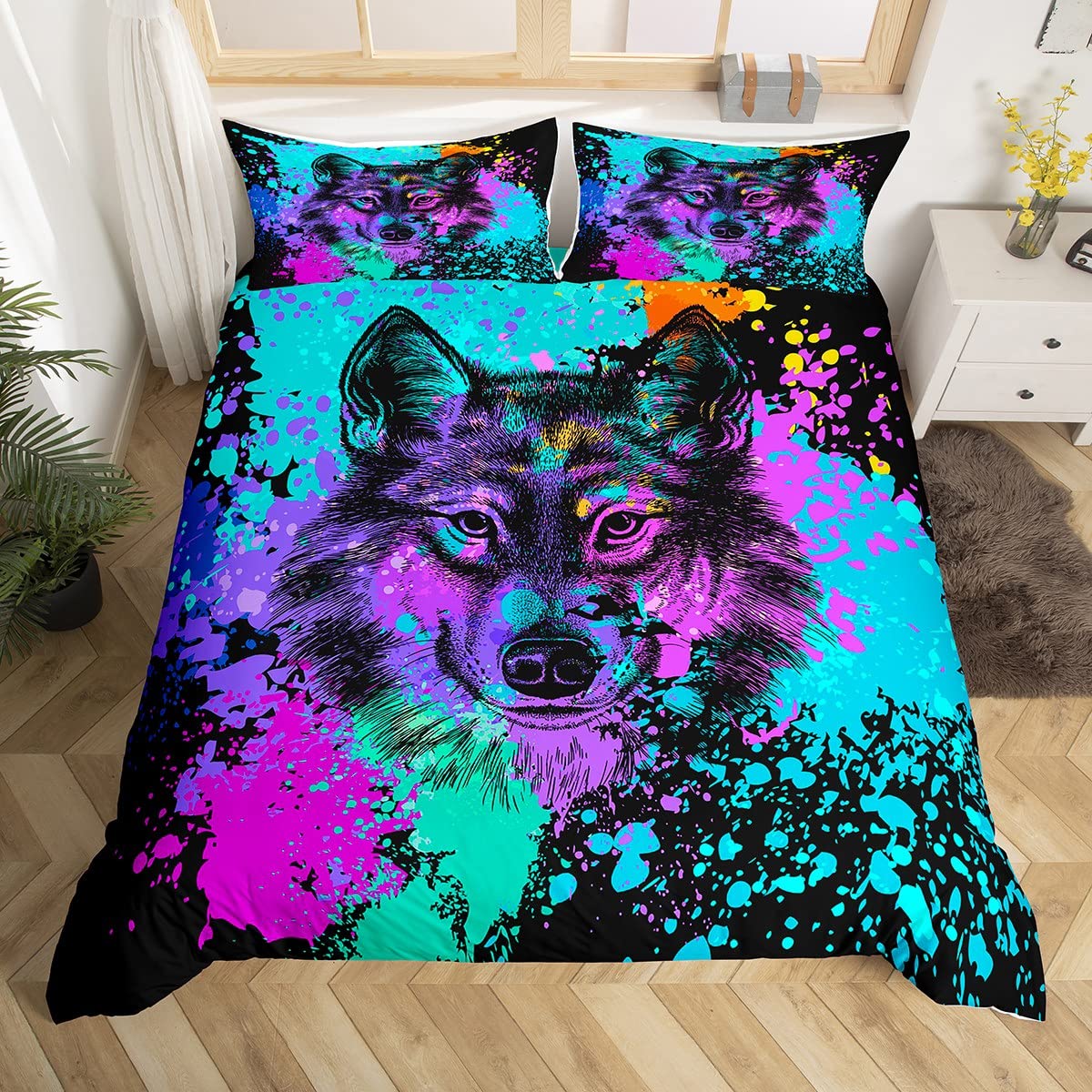 Erosebridal Wolf Print Twin Size Bedding Set - Tie Dye Duvet Cover with Safari Animal Design, Colorful Teal & Black Graffiti Style Comforter for Kids & Boys | Includes 1 Pillowcase | Perfect for Teen Bedrooms, Hip Hop Themed Decor & Wildlife Lovers