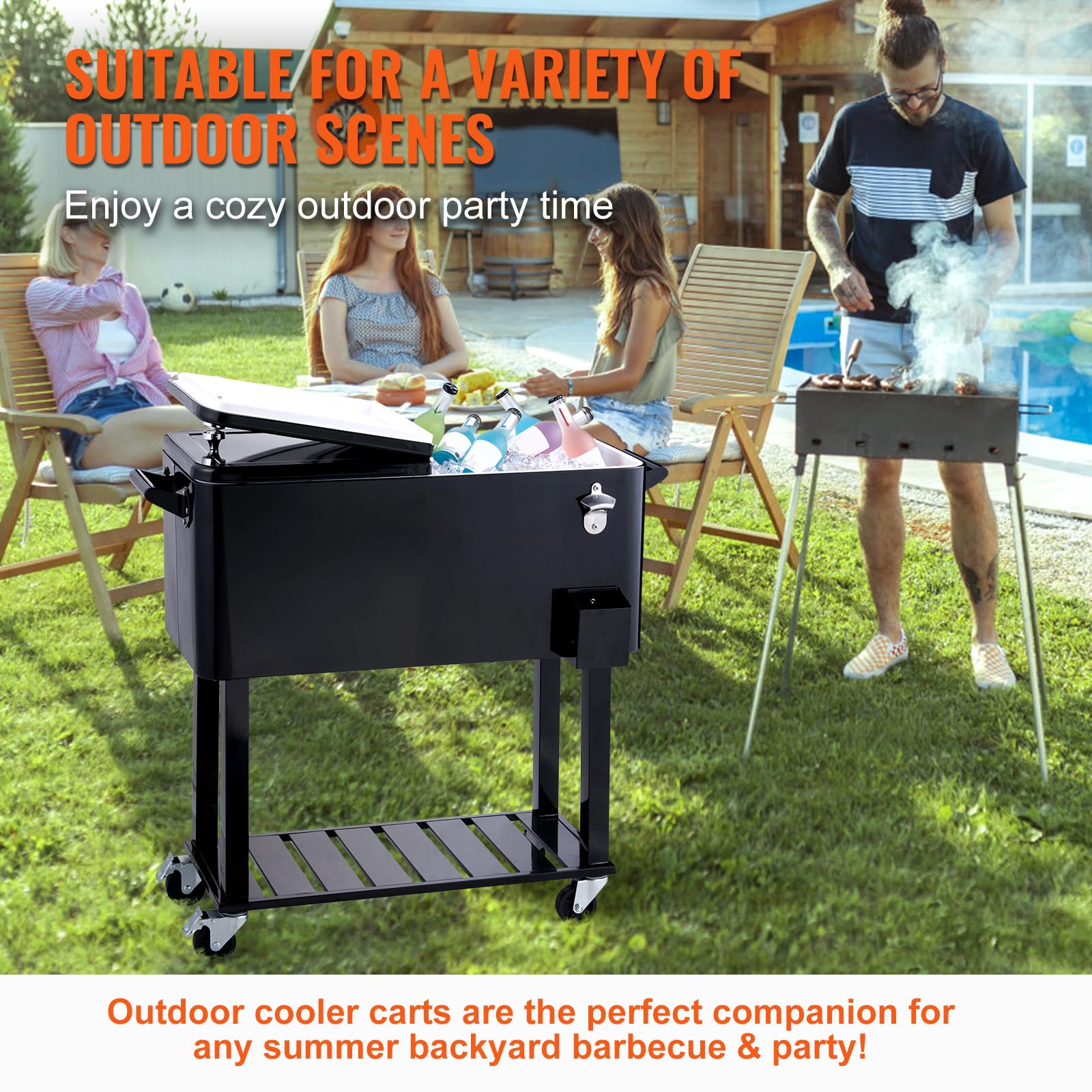 VEVOR 80 Quart Rolling Ice Chest Cooler Cart with Wheels - Portable Drink Cooler for Beverages, Beer & Wine - Outdoor Bar Cooler with Bottle Opener & Handles - Perfect for Patio, Backyard, BBQ, Pool Party & Tailgating - Black