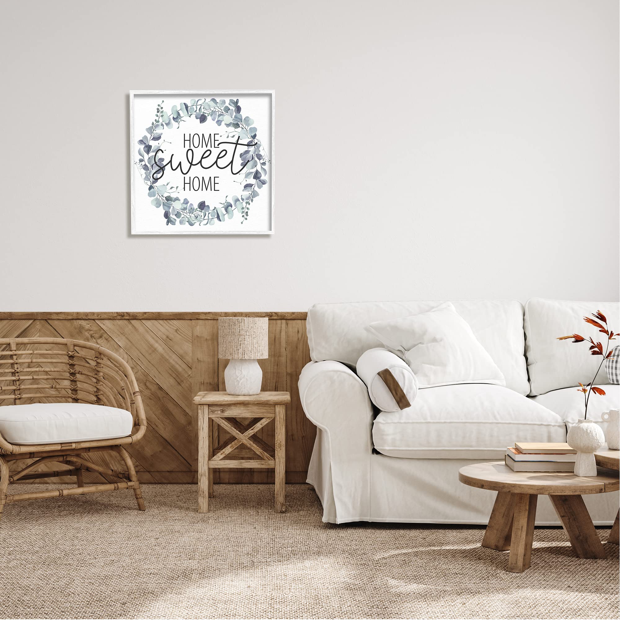 Stupell Industries Home Sweet Home Greeting Blue Green Eucalyptus Wreath - Handmade Wall Decor by Kim Allen | Perfect for Farmhouse, Boho & Rustic Home Décor