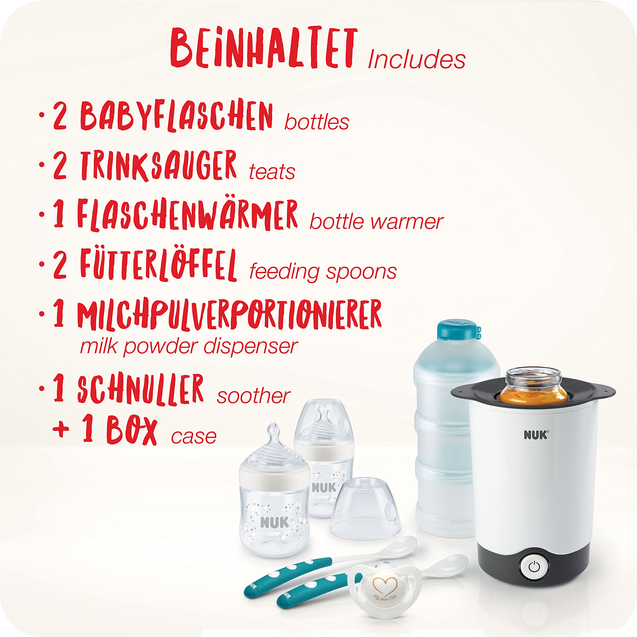 NUK Nature Sense Perfect Starter Baby Bottle Set - 2 (150ml, 0-6 Months) Anti-Colic Bottles with Temperature Display, Pacifier, Bottle Warmer, 2 Feeding Spoons & Formula Dispenser - 7 Piece Newborn Feeding Kit for Easy Daycare & Travel Feeding