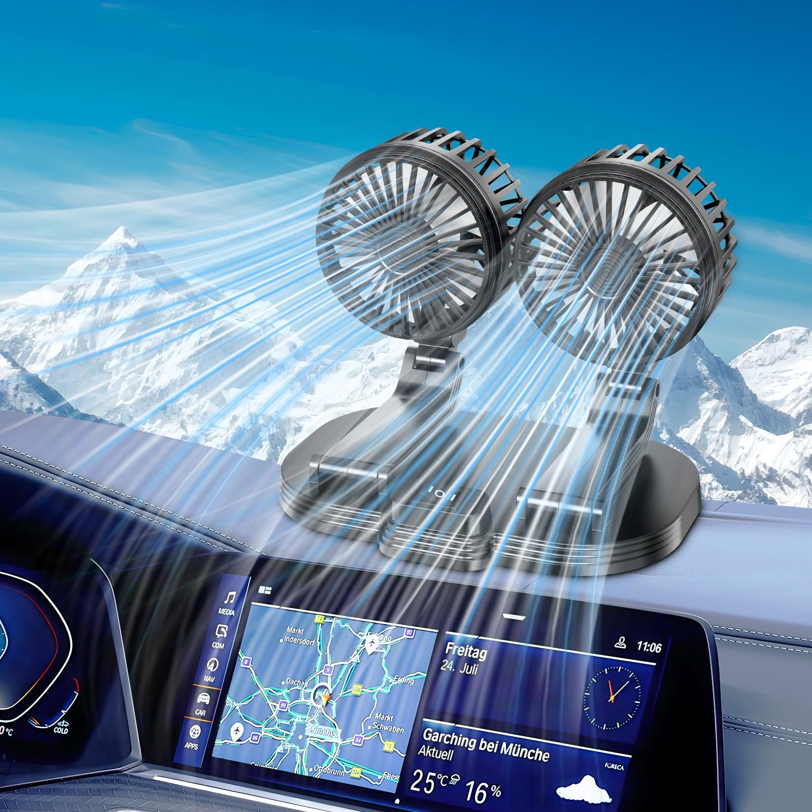 2024 Upgraded Dual Head USB Car Fan - 360° Rotatable Portable Cooling Fan for Dashboard, SUV, RV, Truck, Boat & Home Office | Perfect for Summer Travel, Work & Indoor Use