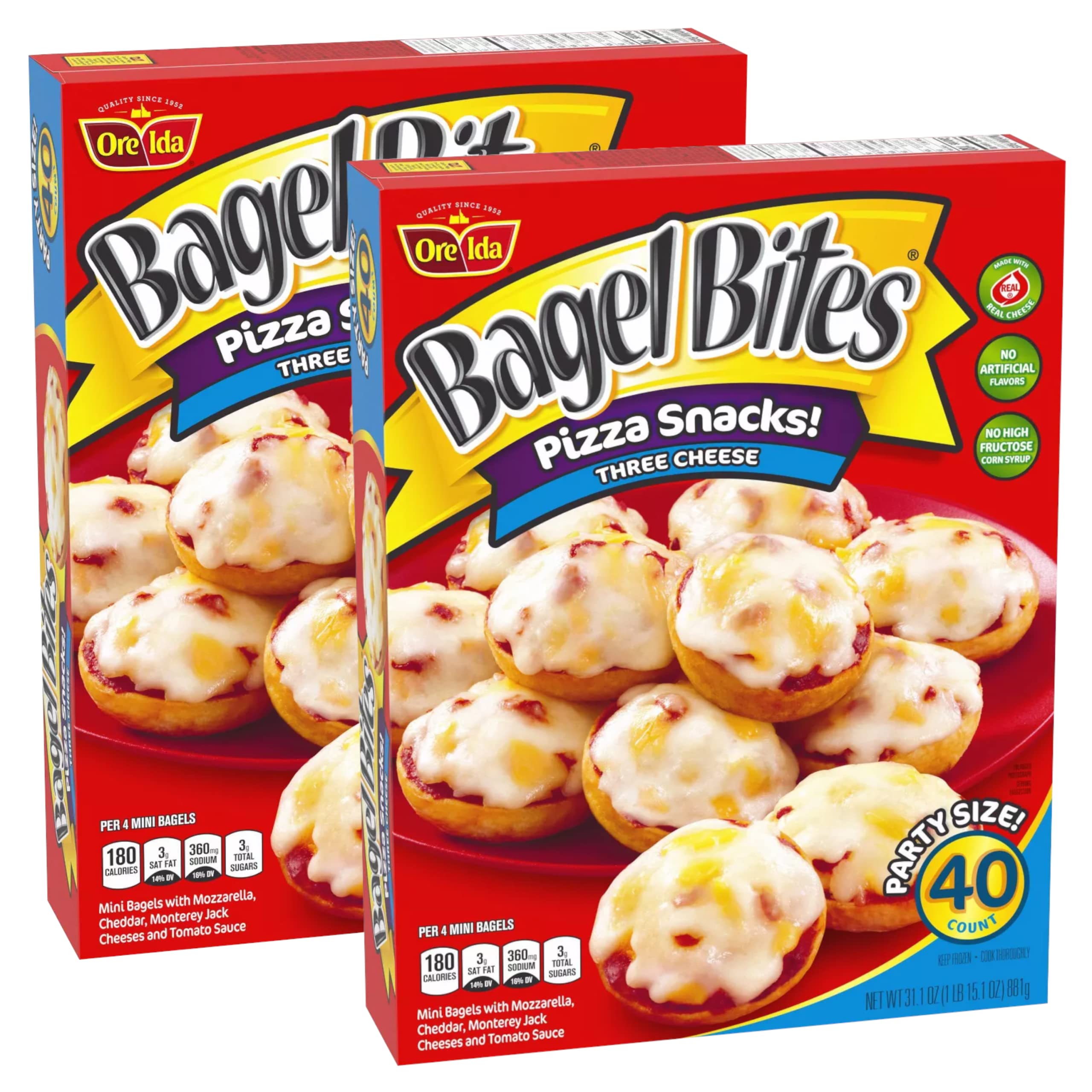 Bagel Bites Three Cheese Frozen Pizza Snacks - Mozzarella, Cheddar & Monterey Jack - Party Size 2 Pack (31.1oz/40ct, Total 80 Bites) | Ready Set Gourmet Donate A Meal Program | Perfect for Parties, Game Nights & Quick Family Meals