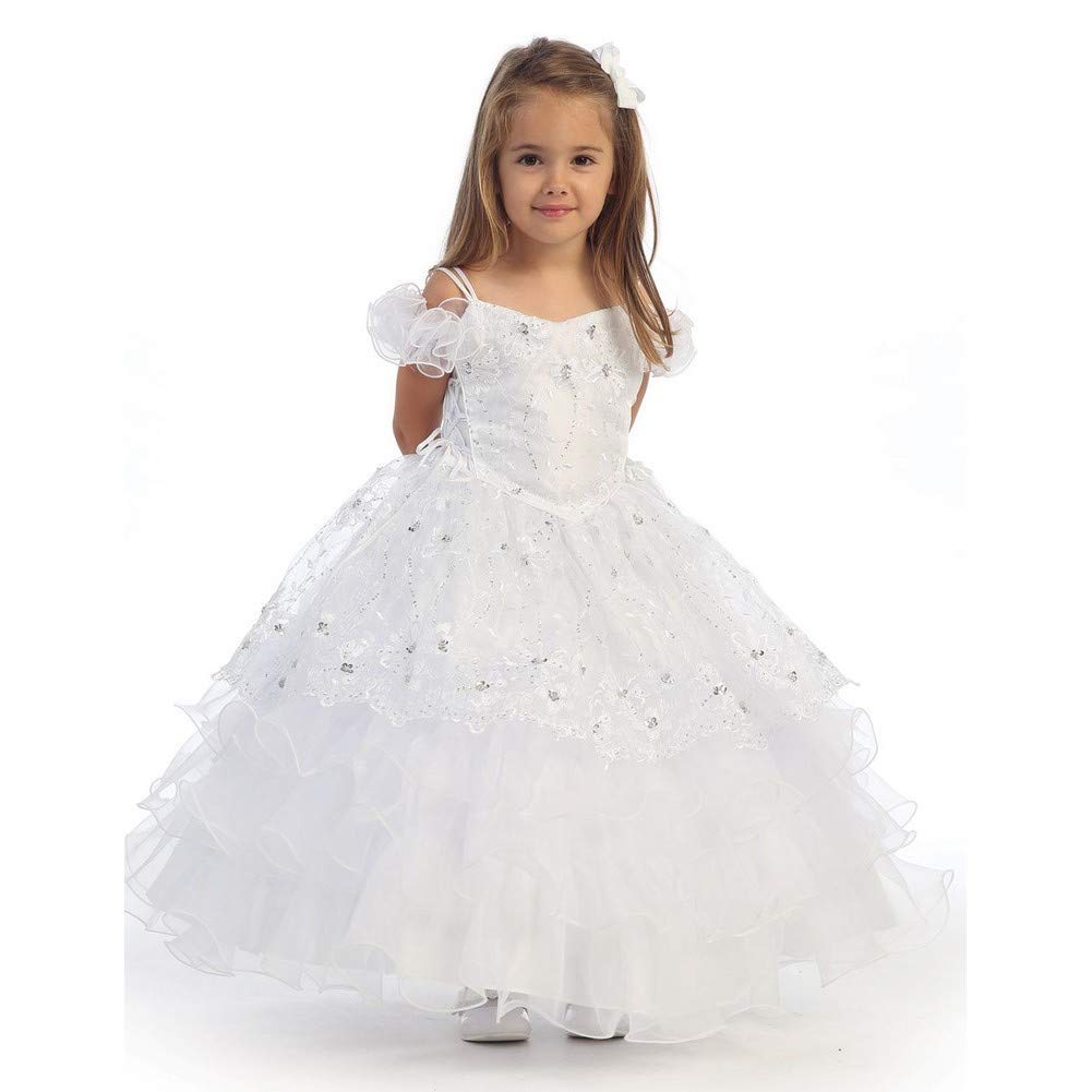 White Organza Ruffle Flower Girl Dress for Toddlers - Elegant Pageant Gown for Special Occasions, Weddings & Baptisms (Size 2T)