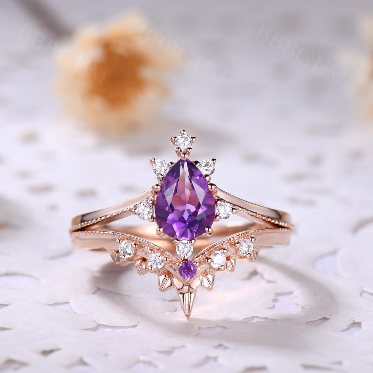 Natural Amethyst Purple Crystal Ring Set - 2 Piece Pear Cut Wedding Band for Women, Elegant Gemstone Jewelry Gift for Brides, Anniversary & Special Occasions