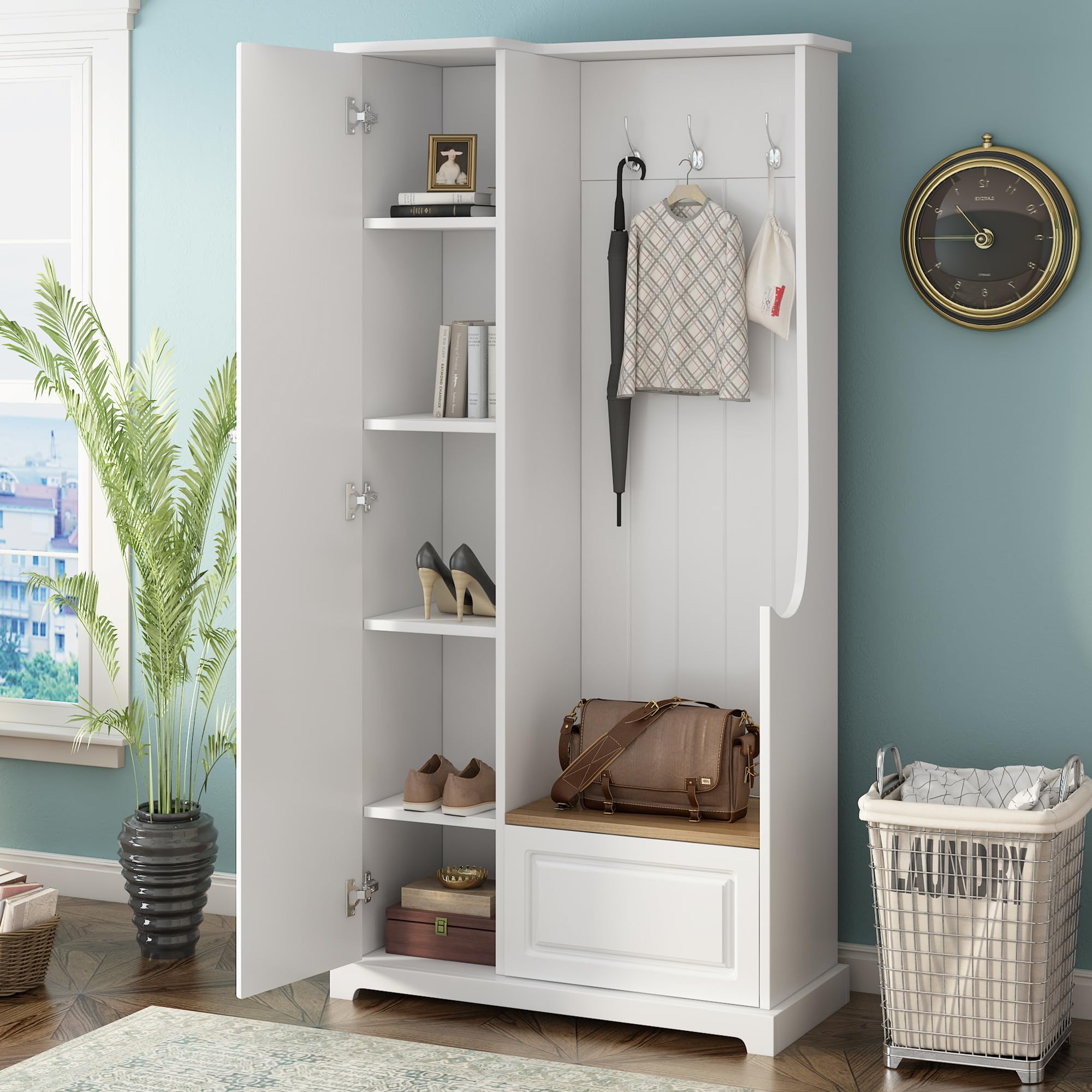 Multifunctional Hall Tree with Bench, Shoe Storage & Coat Rack - 3-in-1 Entryway Organizer with Flip-Up Storage & Adjustable Shelves, White Wooden Tall Cabinet - Perfect for Small Spaces, Apartments & Home Entryway Organization