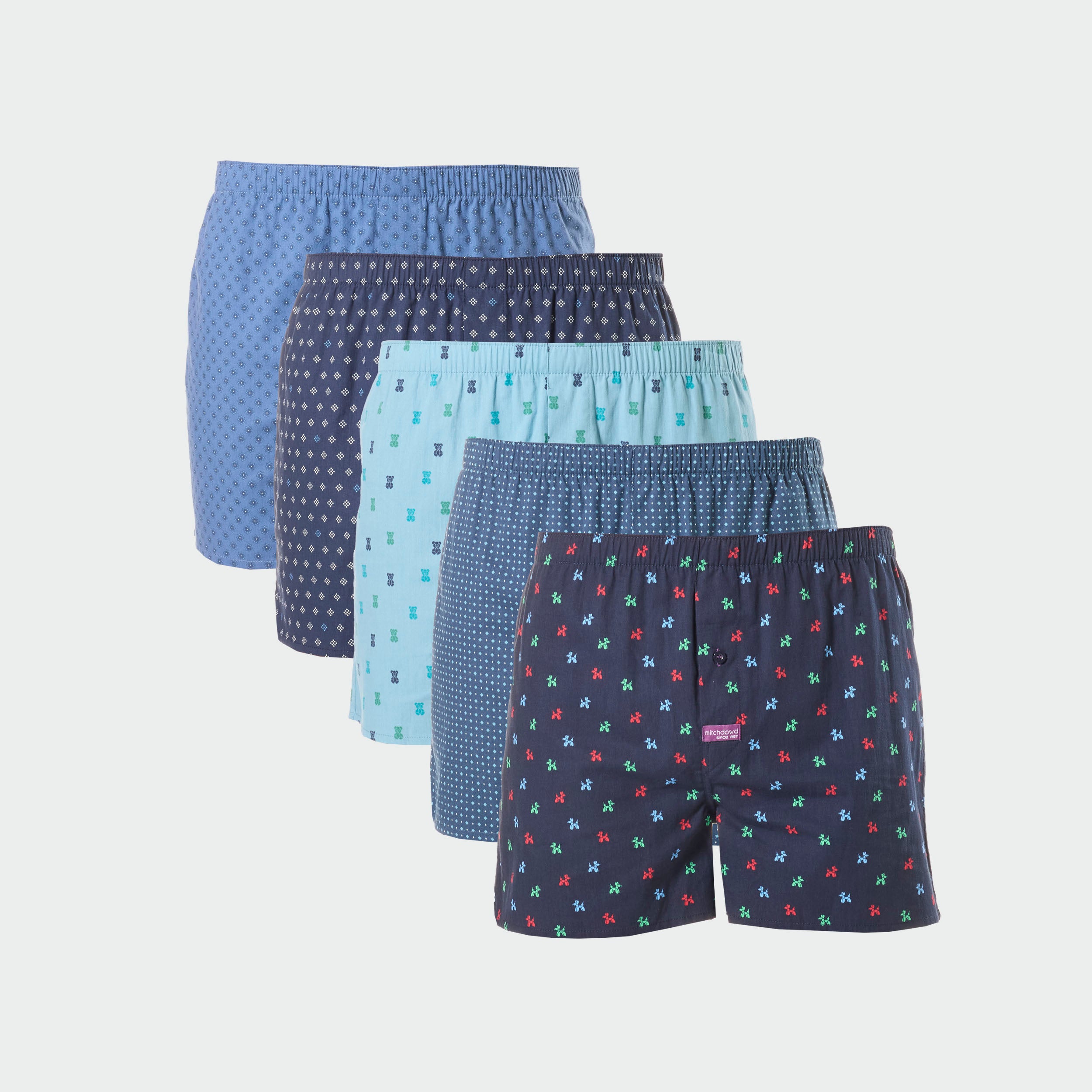 Men's Fun Cotton Boxer Shorts 5-Pack - Soft Breathable Underwear for Daily Comfort & Lounge Wear - Blue