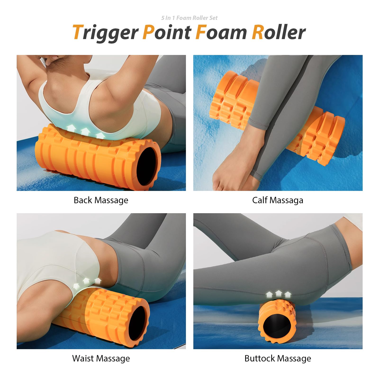 5-in-1 Foam Roller Set for Deep Tissue Massage - Trigger Point Roller, Massage Stick, Therapy Ball & Resistance Band - Perfect for Yoga, Pilates, Fitness & Full Body Workout (Orange-Black) - Home Gym & Physical Therapy Essential