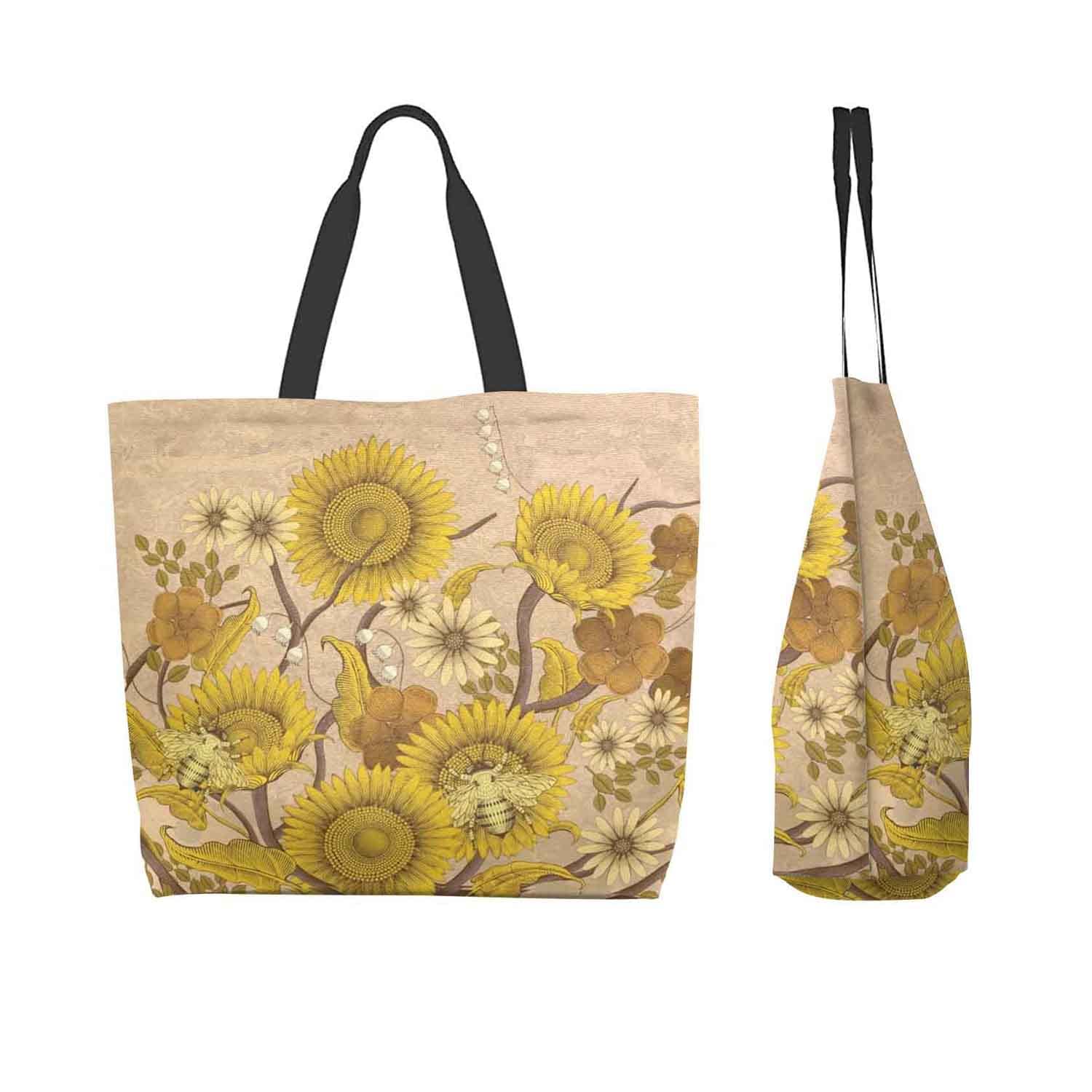 Large Tote Bag for Women - Honey Bees & Sunflowers Retro Pattern Shoulder Bag, Casual Beach Handbag | Perfect for Work, Travel, Shopping & Summer Outings