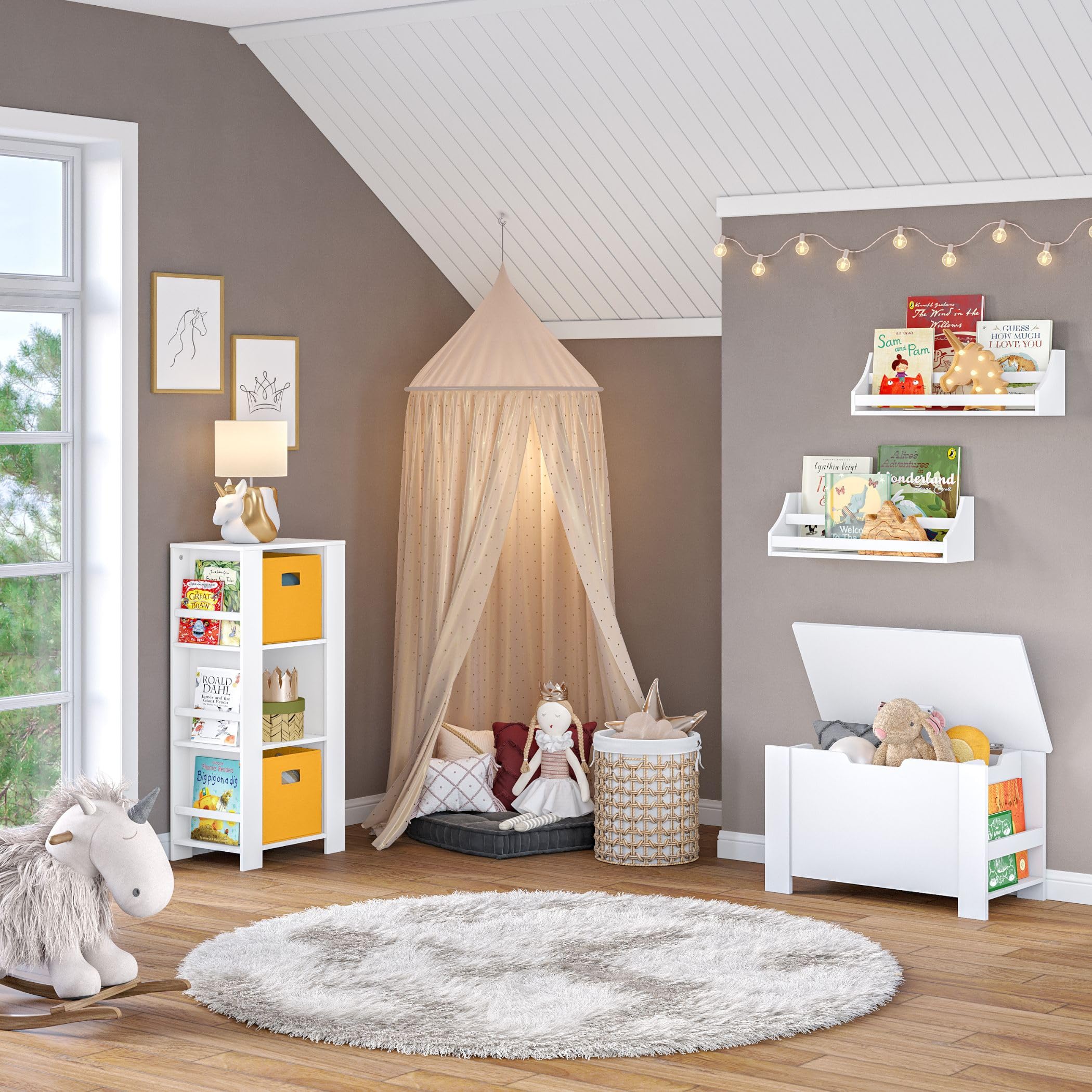 RiverRidge Kids Book Nook Wall Bookshelf Set (2 Pack) - White Floating Shelves for Nursery, Playroom & Living Room - Spacious Book Storage for Children's Books, Photo Albums & Keepsakes - Easy to Assemble & Mount - Perfect for Bedroom Decor, Classroom Organization & Gift Ideas