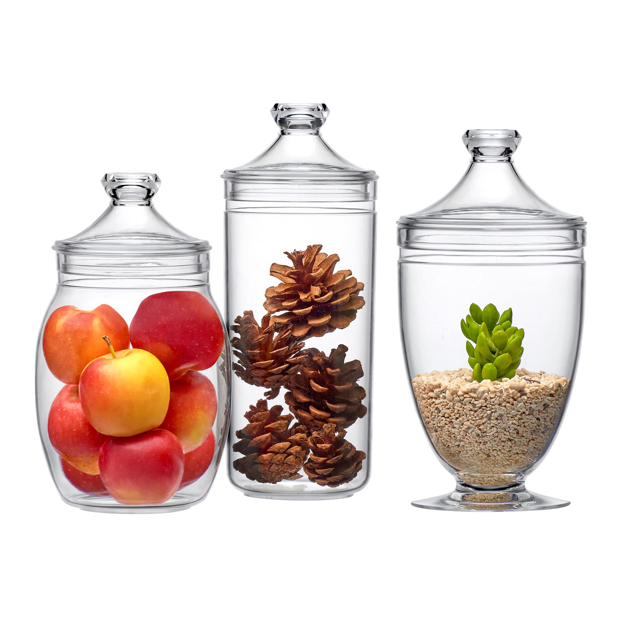 Amazing Abby - Adore - 3-Piece Plastic Apothecary Jars Set (52/46/46 oz) with Lids, BPA-Free Shatter-Proof Acrylic Canisters for Bathroom Storage, Candy Buffet, Wedding Decor, Kitchen Pantry & Home Organization