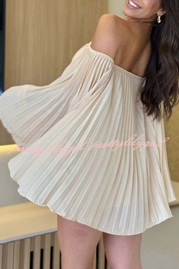 Off Shoulder Pleated Loose Top with Elastic Waist Shorts Set - Women's Summer Casual Outfit for Beach, Vacation & Date Night