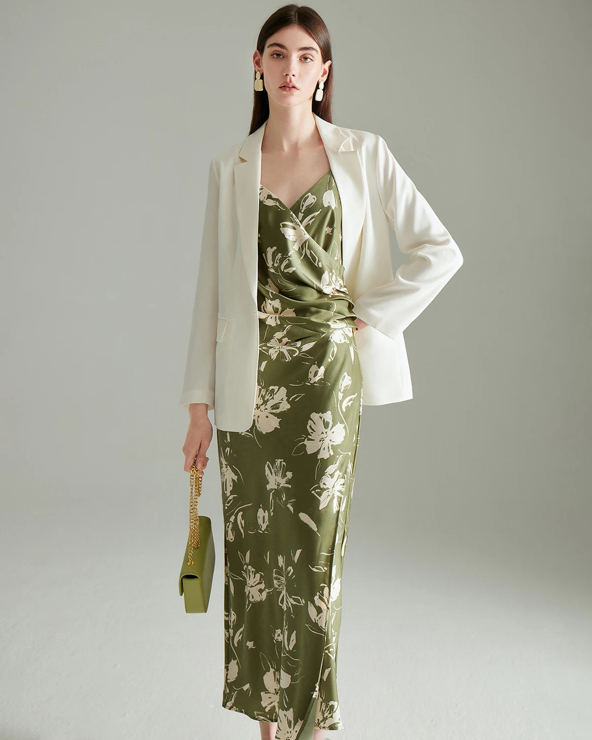 Elegant Green Floral Print Silk Dress for Women - Summer Party, Wedding Guest & Special Occasion Wear