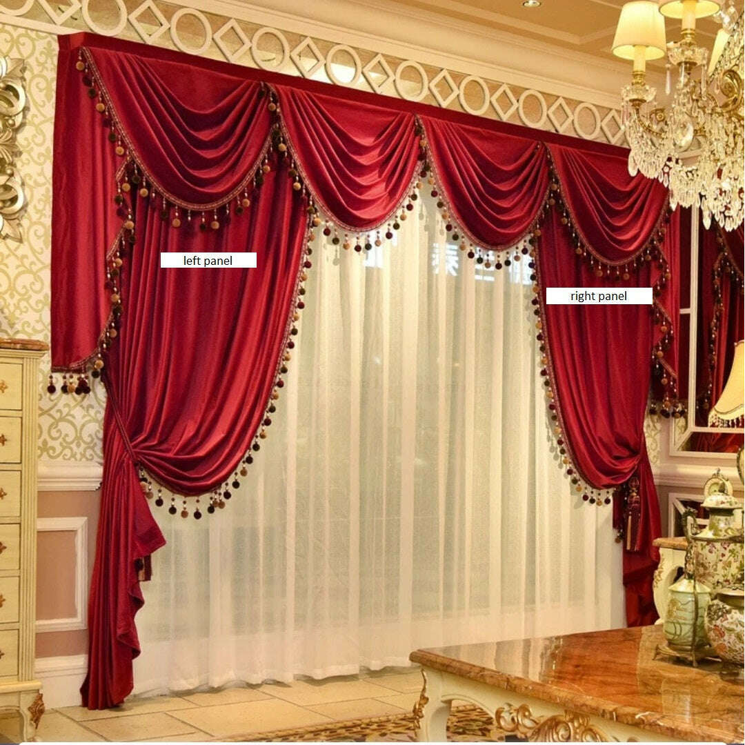 Mila Classic Velvet Curtains with Pompom Lace Trim - Red Blackout Drapes for Living Room & Bedroom - Elegant Window Treatment for Home Decor