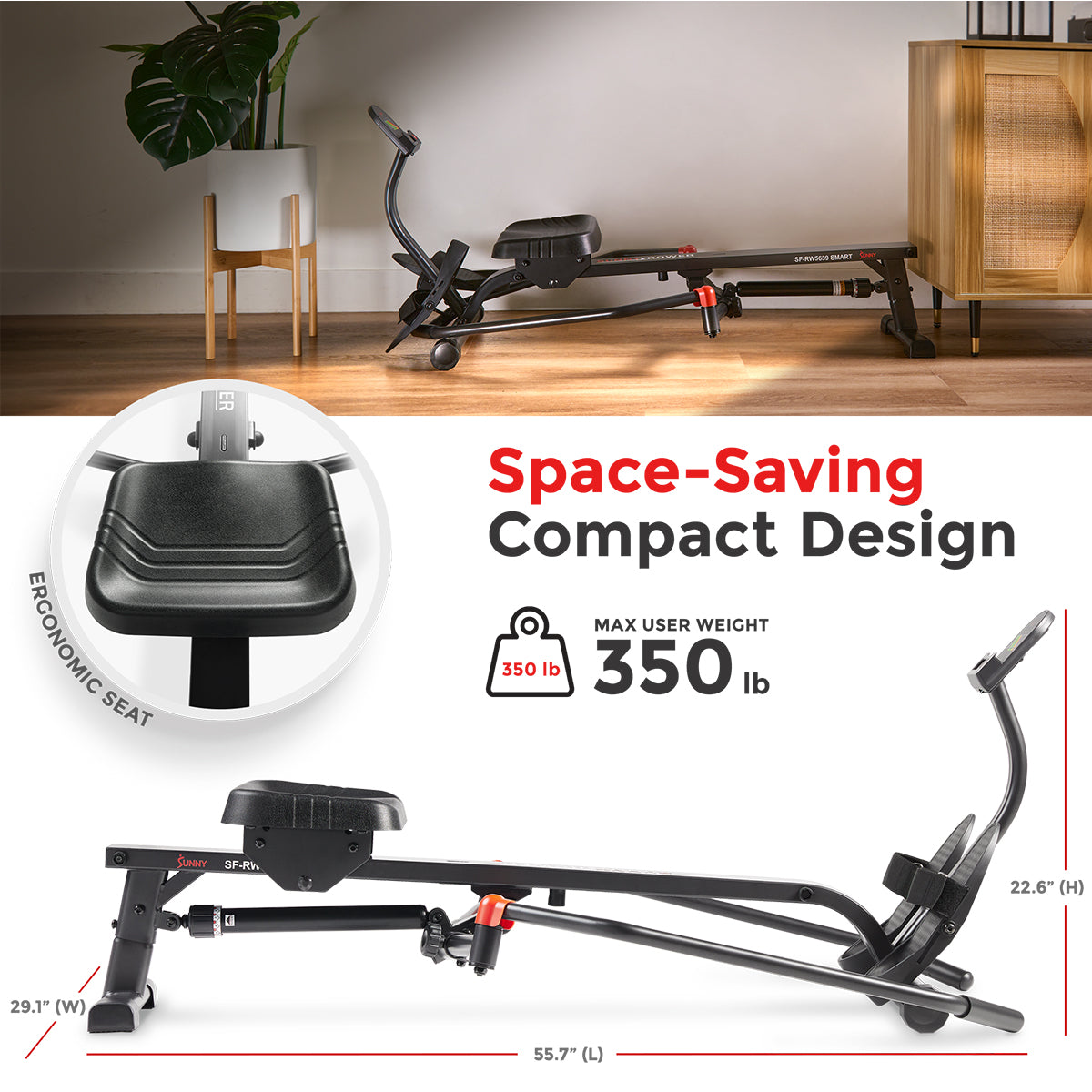 Smart Compact Full Motion Rowing Machine with 12 Levels Hydraulic Resistance - Home Gym Equipment for Cardio Workout & Full Body Training - Perfect for Small Spaces & Indoor Fitness
