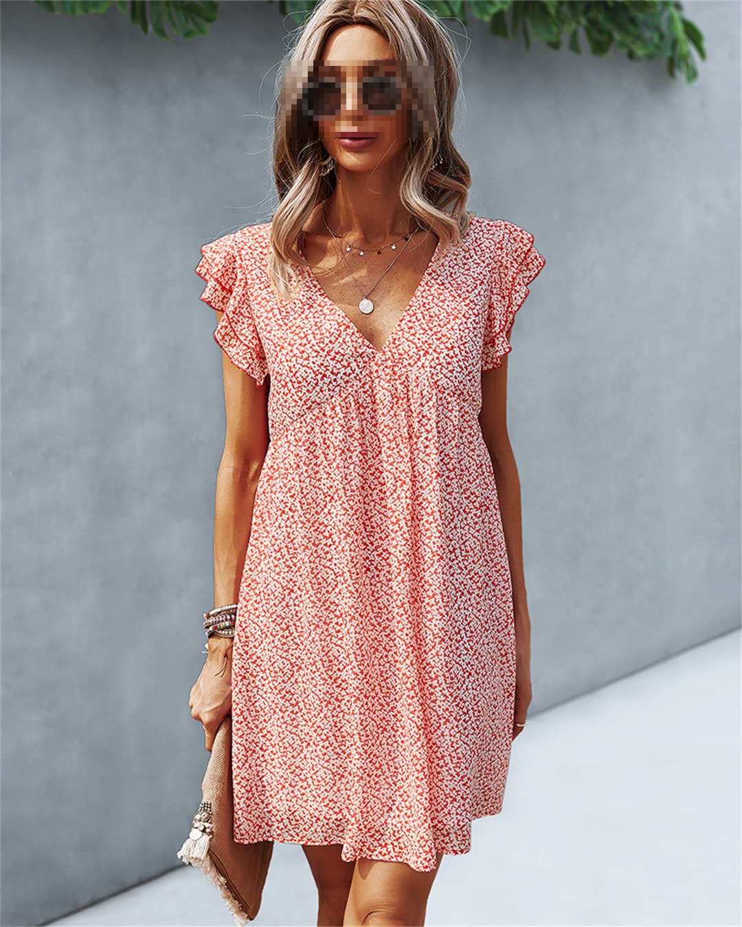 Women's Deep V Neck Sleeveless Summer Floral Print Ruffle Mini Dress with Lining - Sexy Party, Beach Vacation & Date Night Outfit