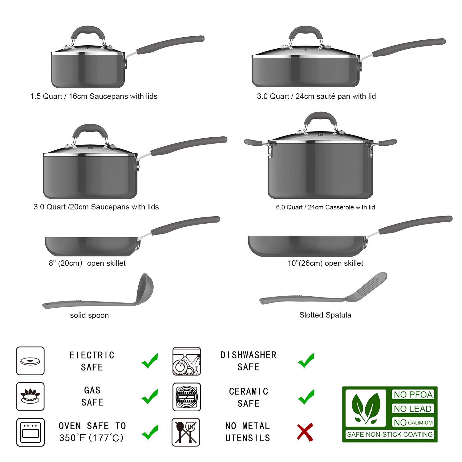 Amazon Basics Ceramic Non-Stick 12-Piece Cookware Set - Gray Pots, Pans & Utensils for Everyday Cooking, Frying & Baking | Dishwasher Safe & Oven Safe Up to 350°F