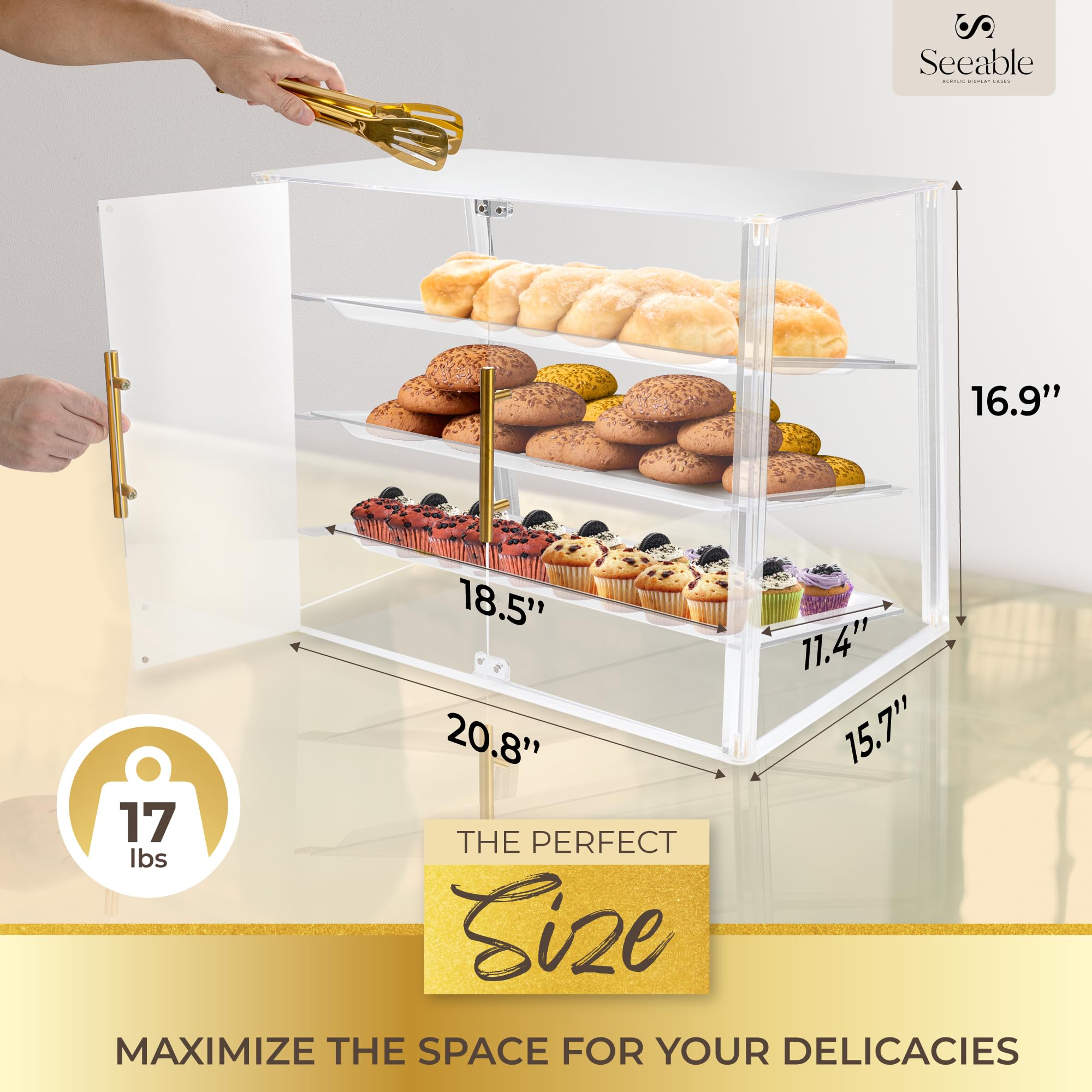 3-Tier Acrylic Bakery Display Case with Magnetic Doors, Removable Trays & Gold Trim - Countertop Pastry Showcase for Desserts, Cookies, Bread & Baked Goods (21