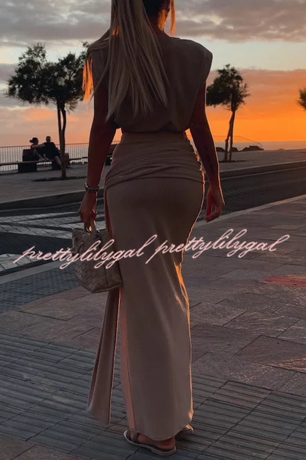Stylish Round Neck Sleeveless Casual Top with Elastic Waist Ruched Tie Slit Midi Skirt Set - Women's Summer Outfit for Beach, Vacation & Date Night