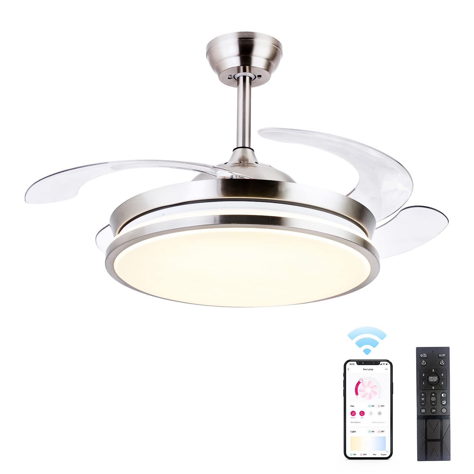 STERREN 42 Inch Retractable Bladeless Ceiling Fan with LED Lights - Smart Remote Control, Low Profile Modern Design in Brushed Nickel - Perfect for Bedroom, Living Room & Home Office Cooling & Lighting