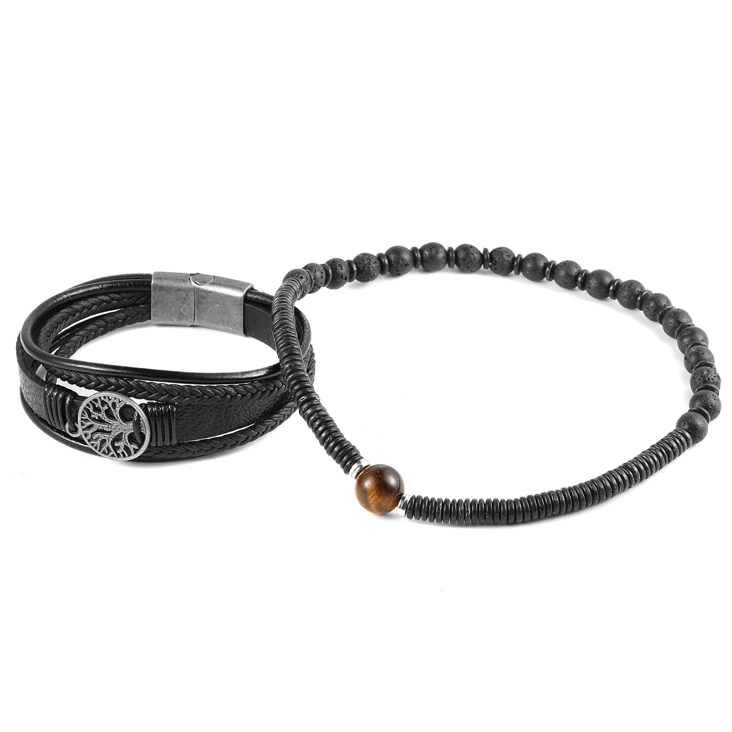 HZMAN Genuine Leather Tree of Life Bracelet for Men & Women - Tiger Eye Natural Stone & Lava Rock Beads Ethnic Tribal Elastic Wristband - Perfect for Yoga, Meditation, Boho Fashion & Gift Giving