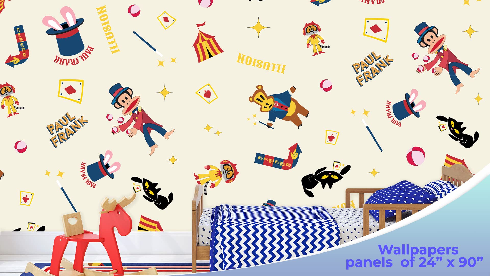EGD Paul Frank Circus Peel and Stick Wallpaper - Self Adhesive Removable Wall Decor for Living Room, Bedroom, Nursery - 8 Panels (24