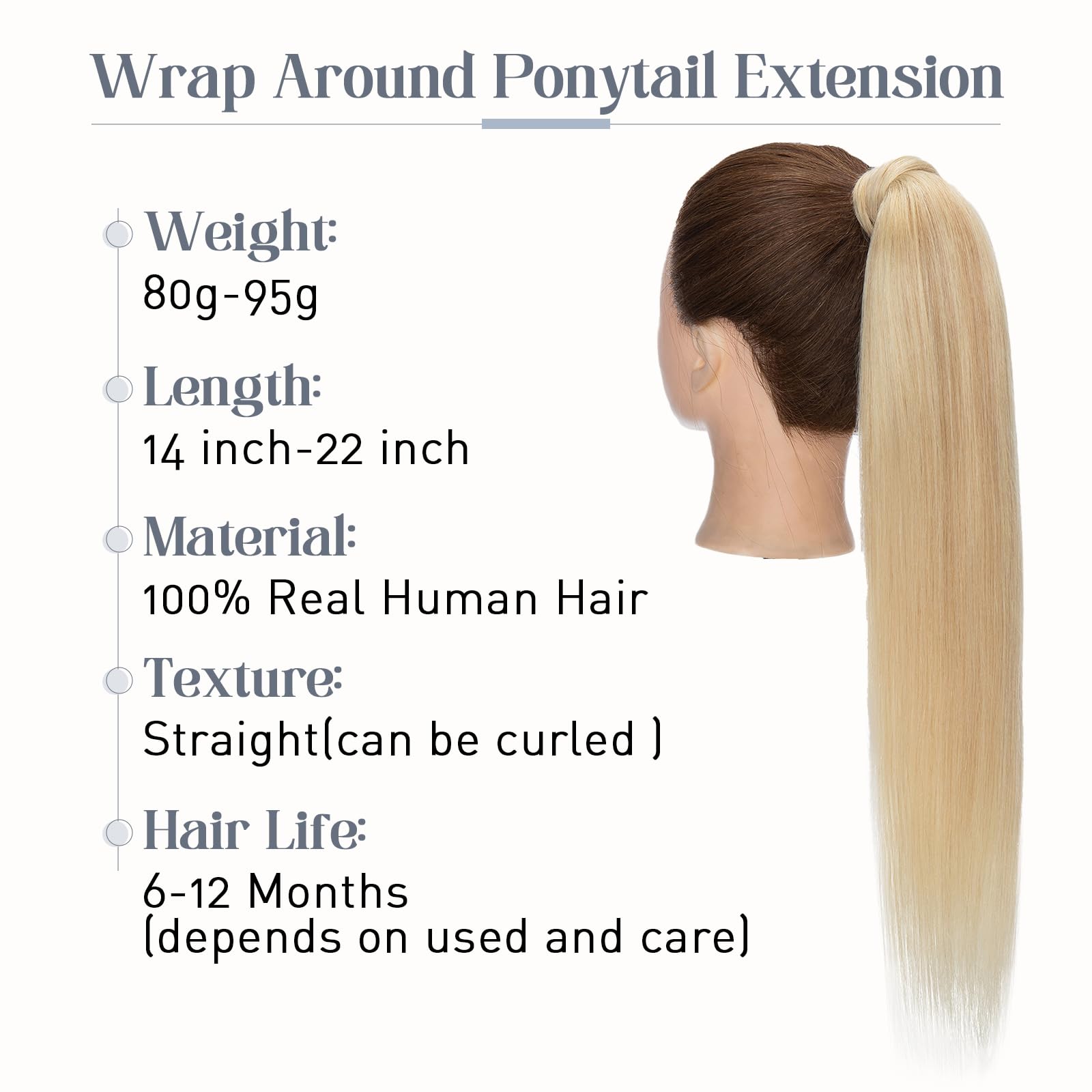 20 Inch Real Human Hair Ponytail Extensions - #18P613 Ash Blonde & Bleach Blonde Wrap Around Clip In Ponytail for Women (90g) | Long Straight Hairpiece for Parties, Weddings & Daily Styling