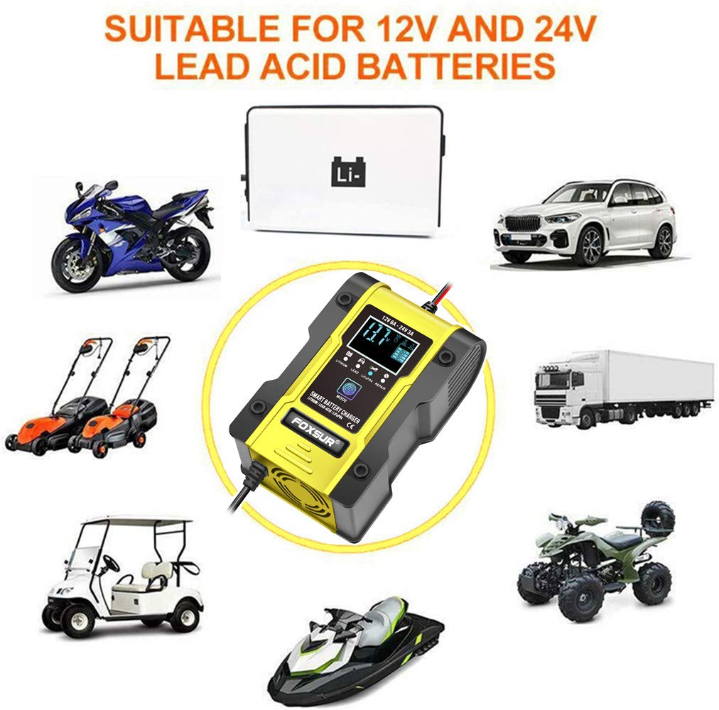 12V/24V 6A Smart Car Battery Charger for Lithium & Lead-Acid - Auto Maintenance
