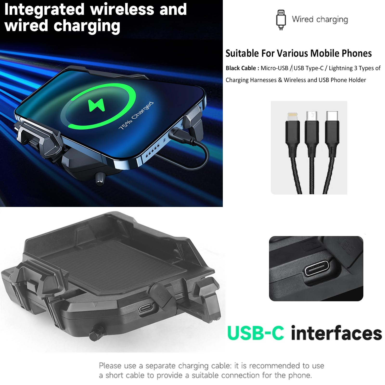 RUNNING PANTHER Motorcycle Phone Mount - 15W Wireless Charger & USB-C Fast Charging, Waterproof Phone Holder for BMW R1200GS/R1250GS/ADV/S1000XR/F750GS/F850GS - Perfect for GPS Navigation & Adventure Riding