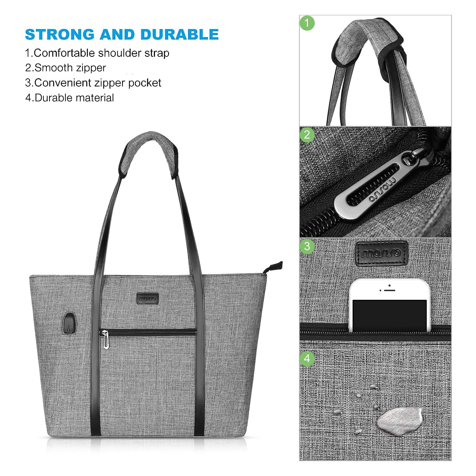 MOSISO Stylish USB Port Laptop Tote Bag for Women - Compatible with MacBook Pro/Air, 17-17.3 Inch Notebook & Chromebook - Water-Resistant Work Travel Business Computer Bag with Detachable Small Purse (Gray) - Perfect for Office Commute, Business Trips & College Use