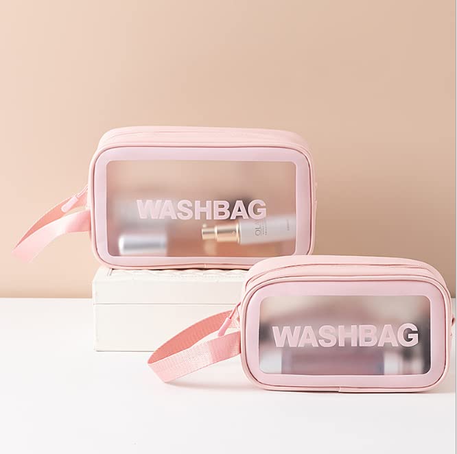 Trendegic 3-Pack Clear PVC Zipper Cosmetic Travel Wash Bag - Waterproof Toiletry & Makeup Organizer Pouch for Women & Girls (Pink) - Perfect for Travel, Gym, Beach & Daily Essentials Storage