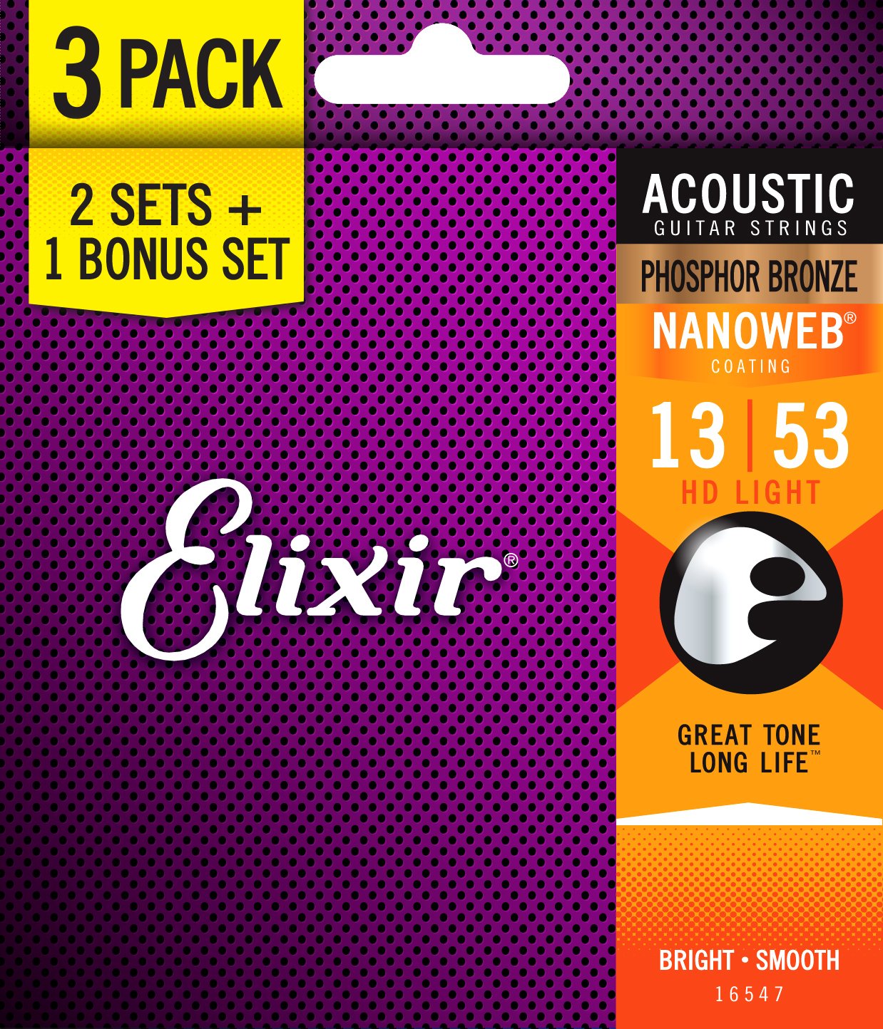 Elixir® 16547 Acoustic Guitar Strings - Phosphor Bronze with NANOWEB® Coating, 3 Pack, HD Light Gauge (.013-.053) | Perfect for Folk, Country & Fingerstyle Playing