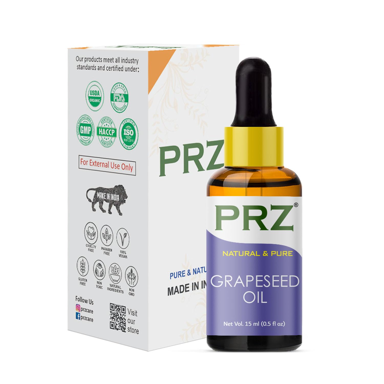 Pure Grapeseed Oil Cold Pressed - 15ml for Skin, Hair & Massage Care