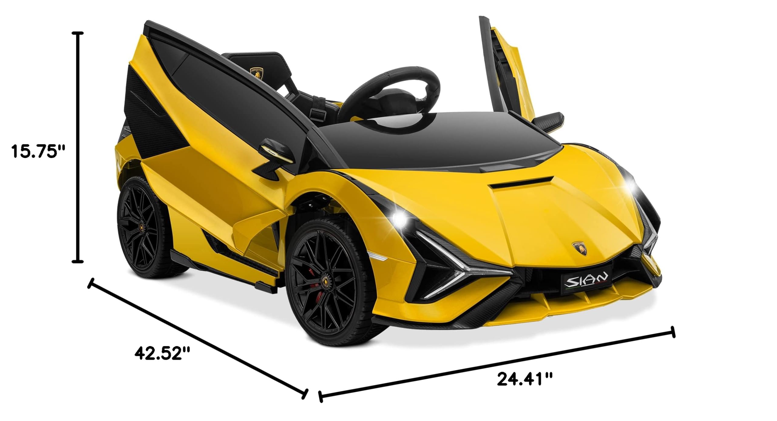 Kidzone Kids 12V Electric Ride-On Lamborghini Sian Roadster Toy Car - Remote Control, LED Lights, Music & Suspension Wheels - Carbon Fiber Textured Yellow - Perfect for Birthday Gifts & Outdoor Play