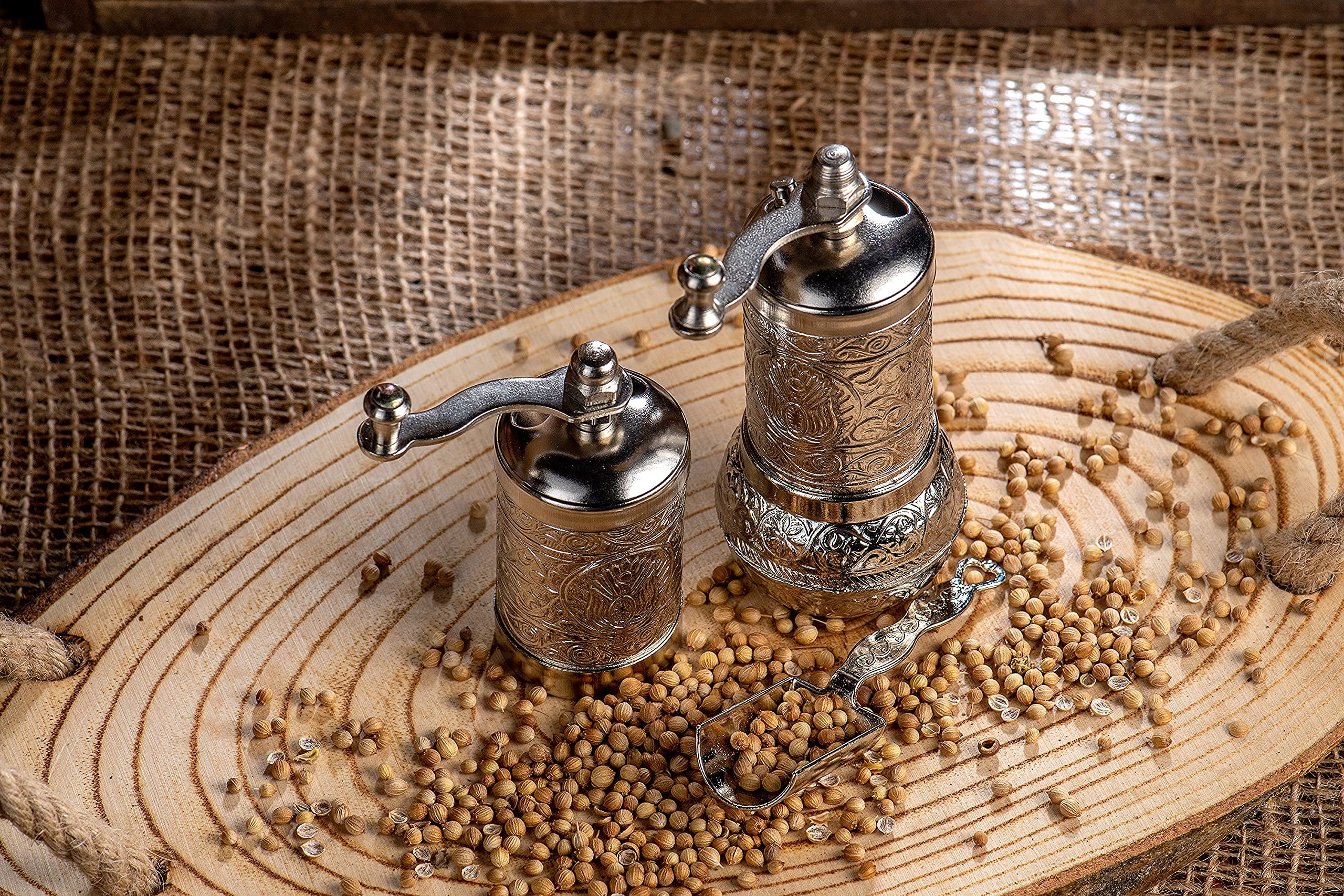 Premium 4-Piece Herb & Spice Grinder Set - Manual Crank Handle Mill for Pepper, Salt & Seasonings - Durable Stainless Steel (Bright Silver) - Perfect for Kitchen, Camping & Travel