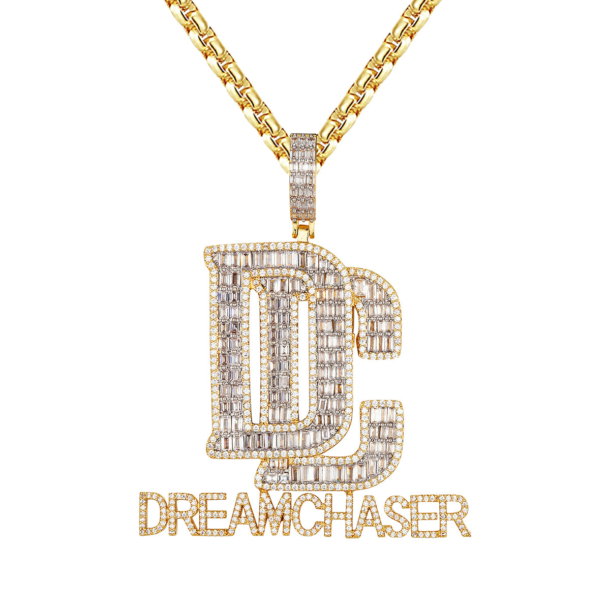 Yellow Gold Tone Baguette DC Dream Chaser Icy Men's Pendant Necklace - Hip Hop Jewelry for Men, Perfect for Parties, Gifts & Streetwear Fashion