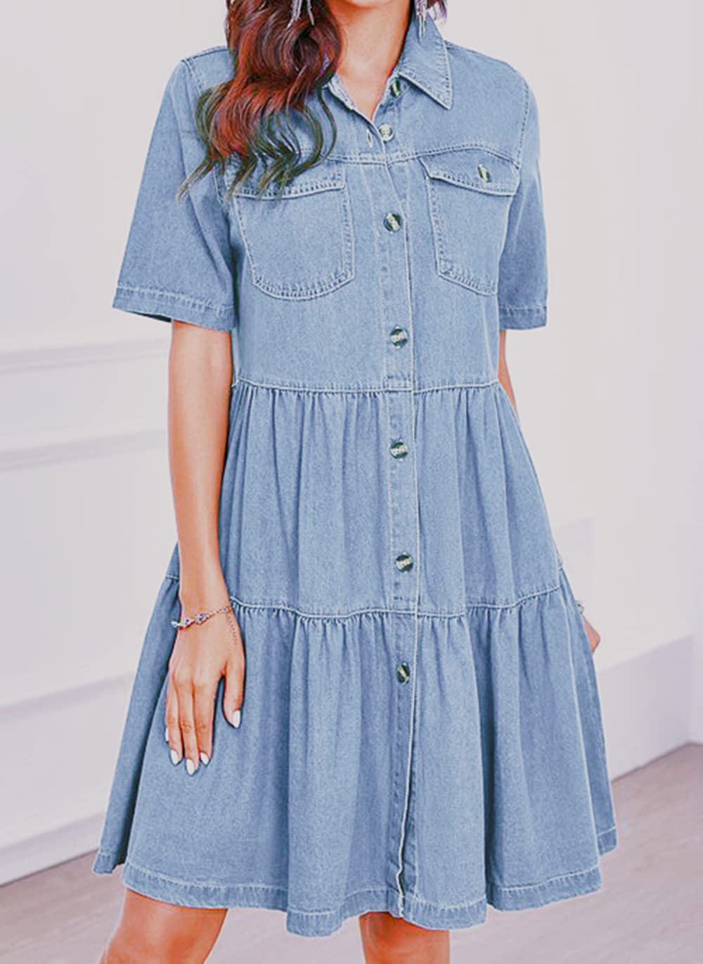 Women's Casual Short Sleeve Denim Midi Dress with Pockets & Button Down Pleated Design - Perfect for Summer Outings, Brunch Dates and Weekend Getaways