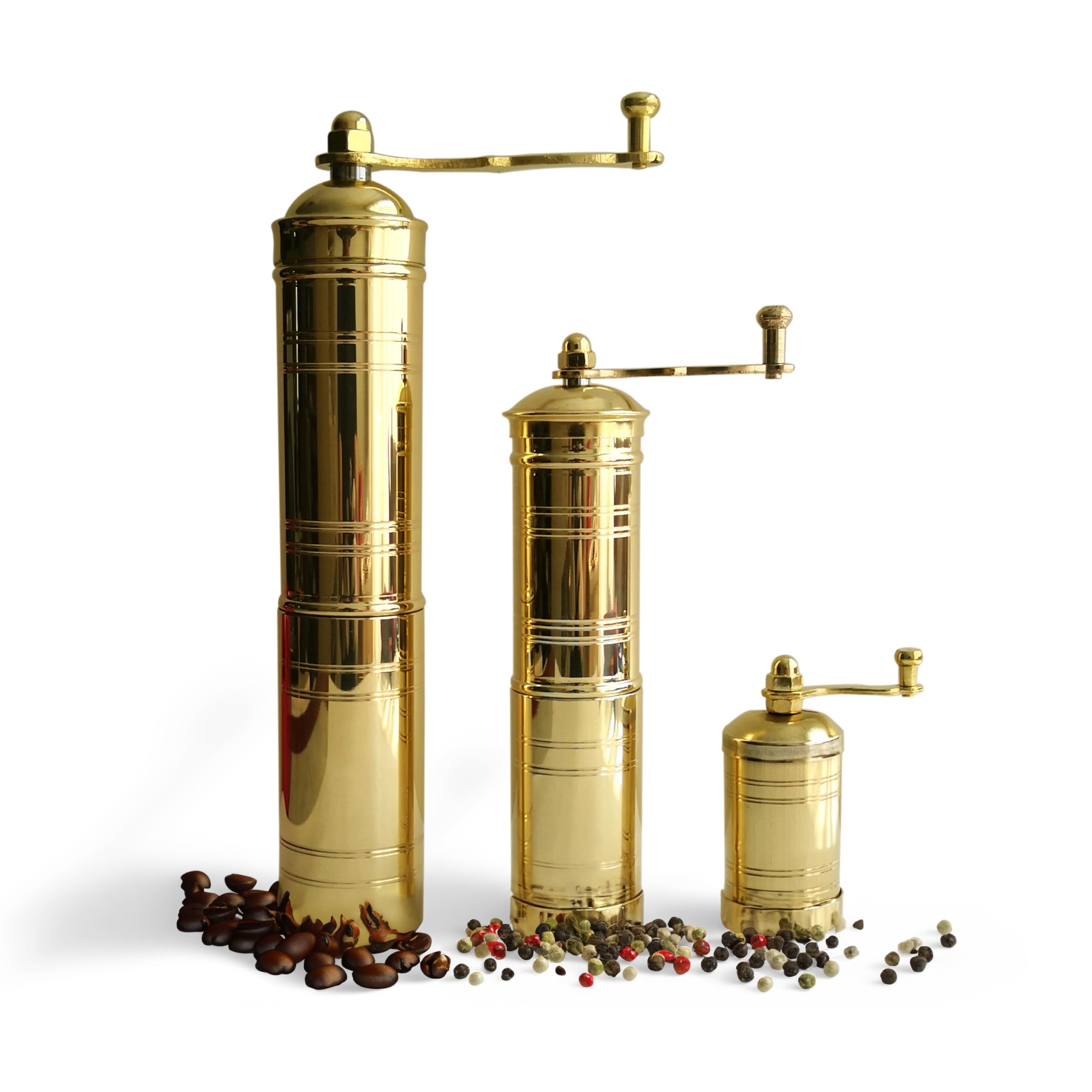 Premium Set of 3 Turkish Brass Manual Coffee Grinders - Adjustable Hand Crank Mill for Espresso, French Press & Cold Brew - Vintage Kitchen Decor & Functional Spice/Pepper Grinder - Perfect for Home Baristas & Coffee Enthusiasts