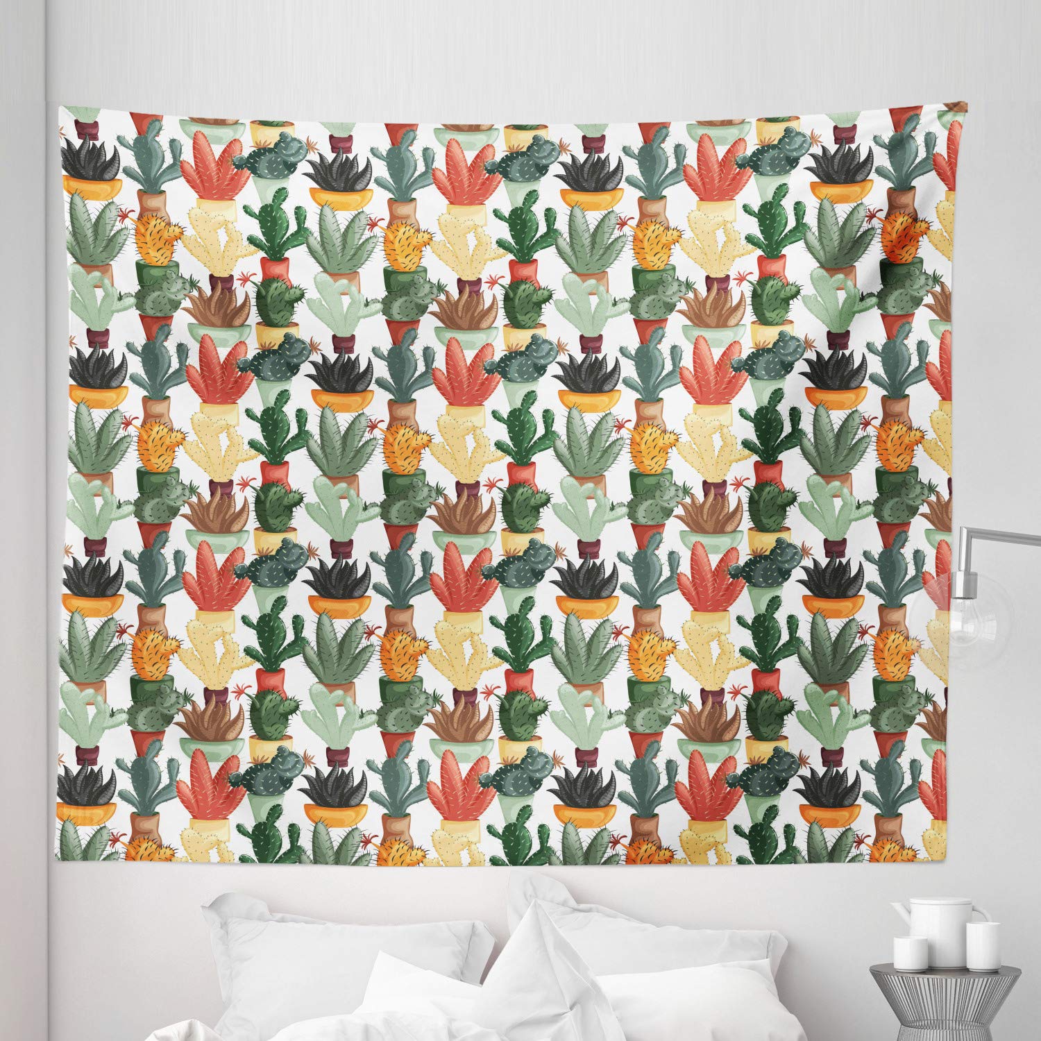 Ambesonne King Size Cactus Tapestry - Mexican Succulent in Pots Botanical Wall Hanging, 104x88 Inch Multicolor Bedspread & Wall Decor for Bohemian Bedroom, Living Room, or Dorm