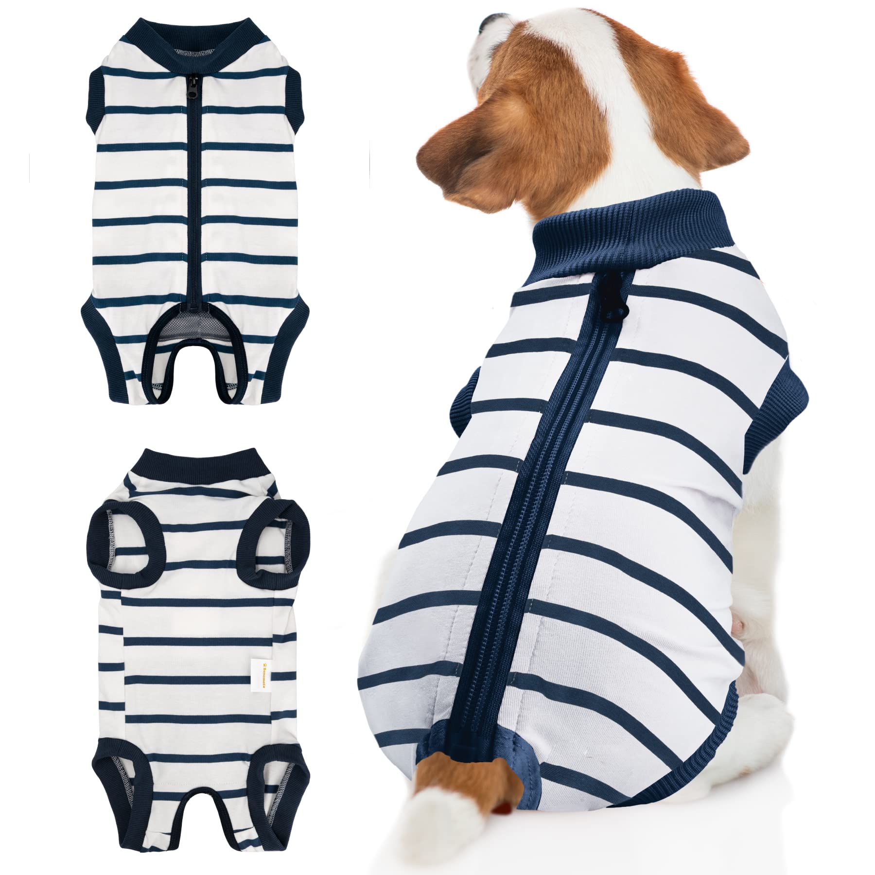 BENCMATE Dog Recovery Suit - Post-Surgery Pet Onesie with Zipper, Soft Abdominal Wound Bandage Alternative to E-Collar & Cone, Comfortable Dog Shirt for Small Breeds (Breton Stripes) - Perfect for Post-Op Care, Wound Protection, and Stress-Free Healing