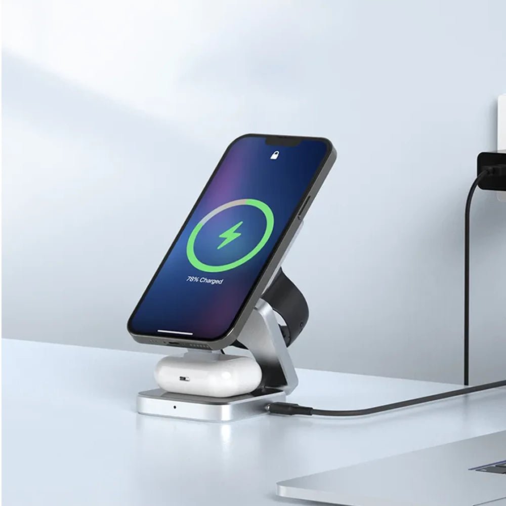 PowerFold Pro: 3-in-1 Foldable MagSafe Charging Stand for iPhone, Apple Watch & AirPods - Portable Wireless Charger for Home, Office & Travel