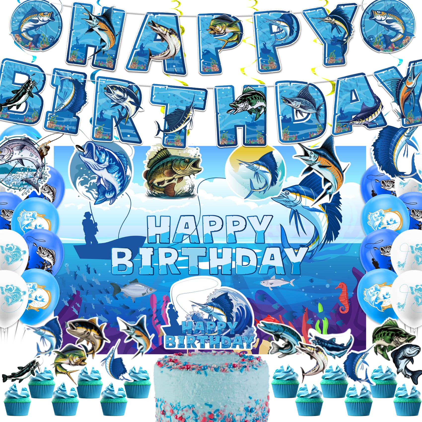 Gone Fishing Birthday Party Decorations Set - Fishing Theme Banner, Swirls, Cake Topper, Cupcake Toppers & Balloons - Perfect for Fishing Themed Birthday Parties, Baby Showers & Outdoor Events