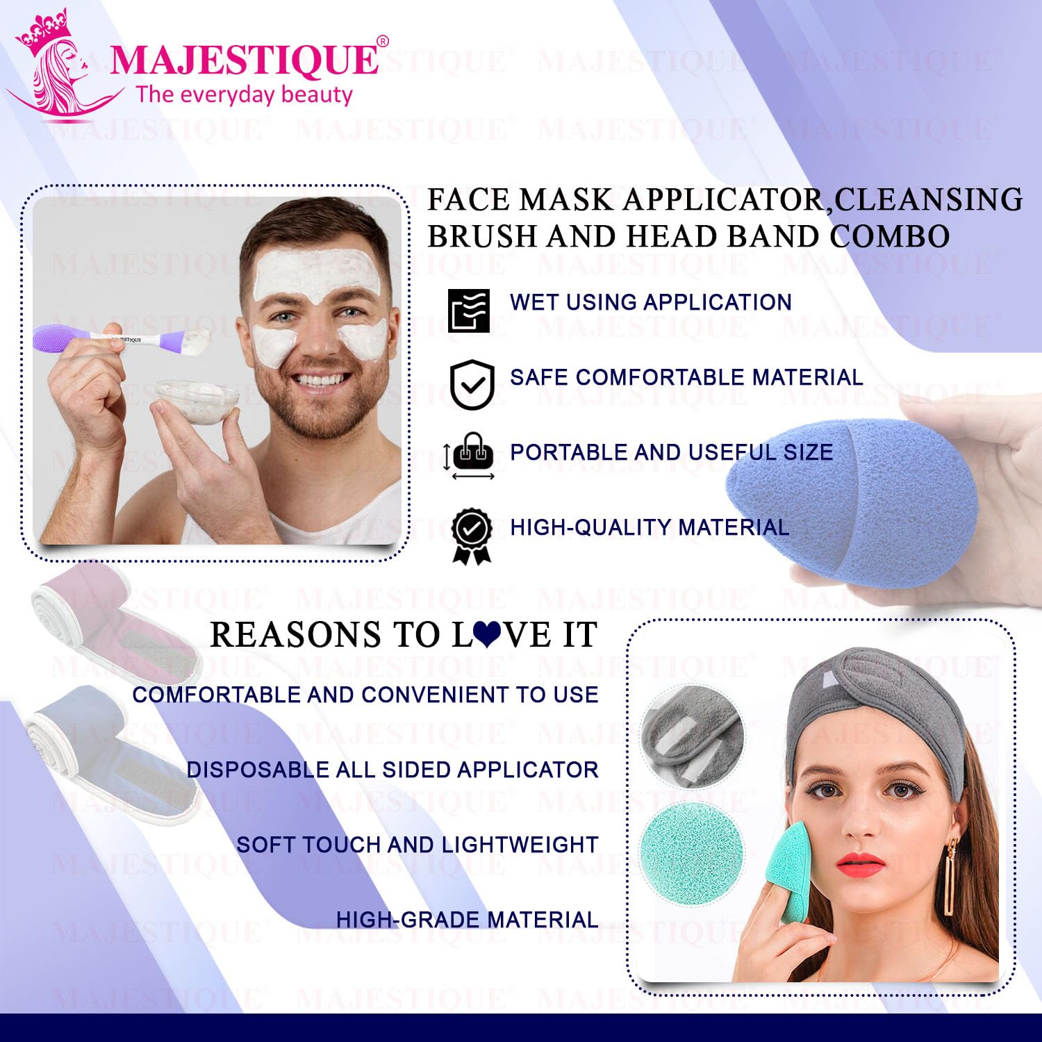 Majestique 3Pcs Multicolor Face Mask Applicator Set with Dual Sided Silicone Brush & Makeup Remover Sponge - Skincare Headband & Facial Tools for Women & Girls - Perfect for Spa Days, At-Home Beauty Routines & Skincare Treatments