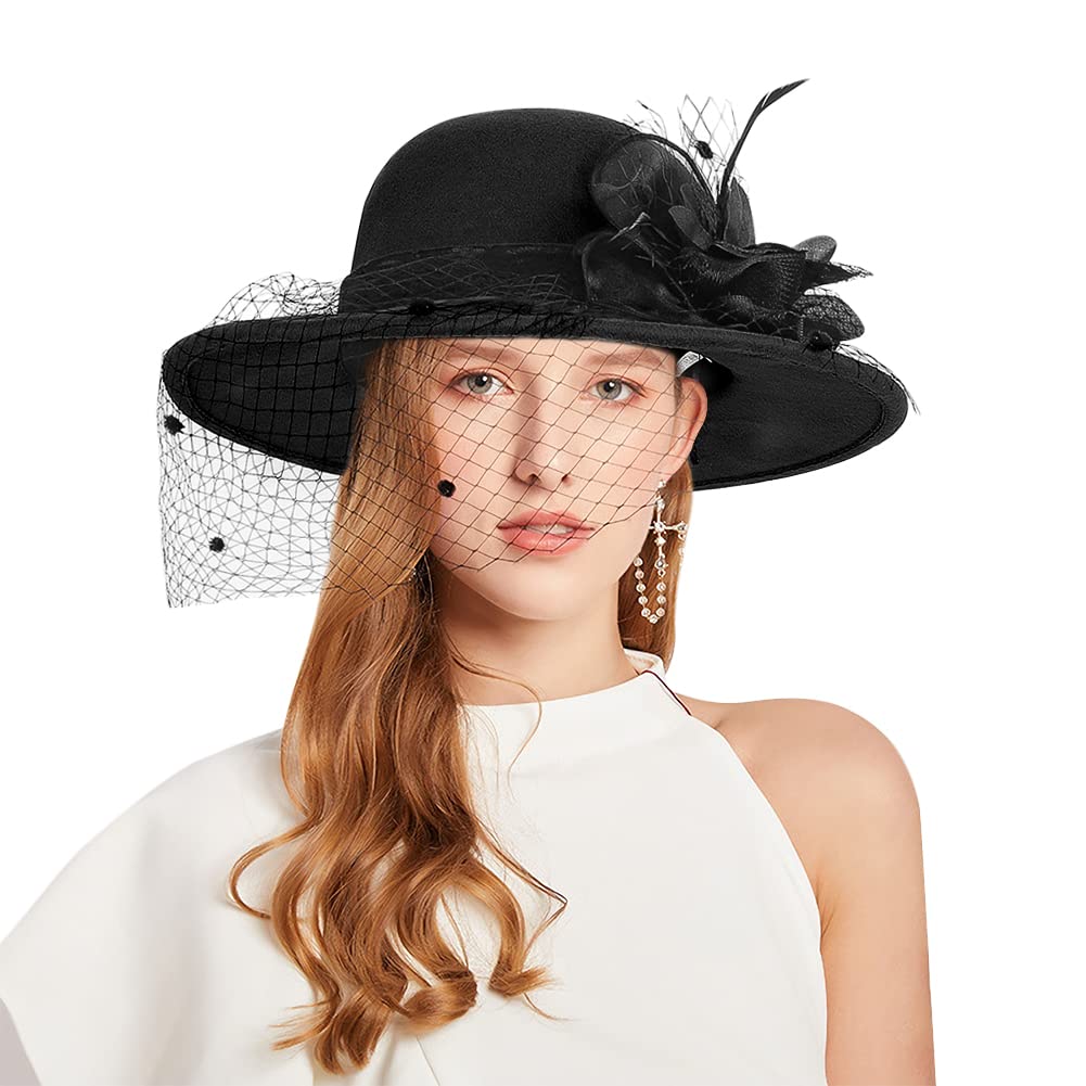 Vintage Floral Wool Felt Fedora Hat for Women - Wide Brim Bowler Bucket Hat with Veil - Elegant Church Party Wedding Fascinator Hat | Perfect for Tea Parties, Garden Events & Formal Occasions