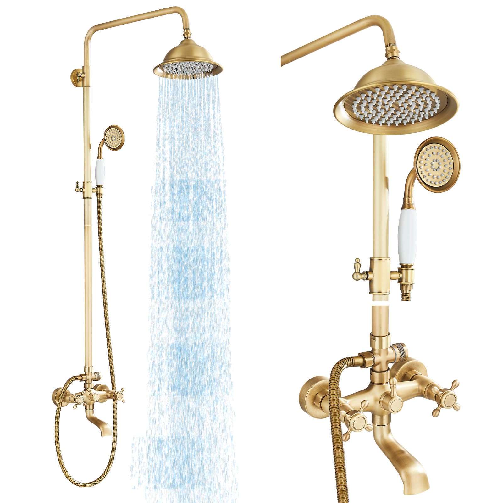 **Antique Brass Shower Faucet Set - 8 Inch Rainfall Shower Head & Handheld Spray with 360° Rotation Tub Spout - 2 Cross Handles for Bathroom & Outdoor Use - Perfect for Modern & Vintage Bathroom Designs**